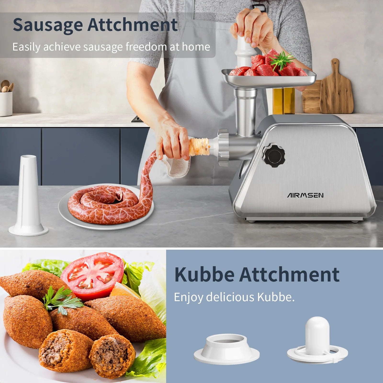 Premium Electric Meat Grinder - 3-in-1 Stainless Steel Mincer with 2 Blades & 3 Plates, Sausage & Kubbe Maker Kit for Home Kitchen & Commercial Use - Perfect for Ground Beef, Sausages, Burgers & Food Prep