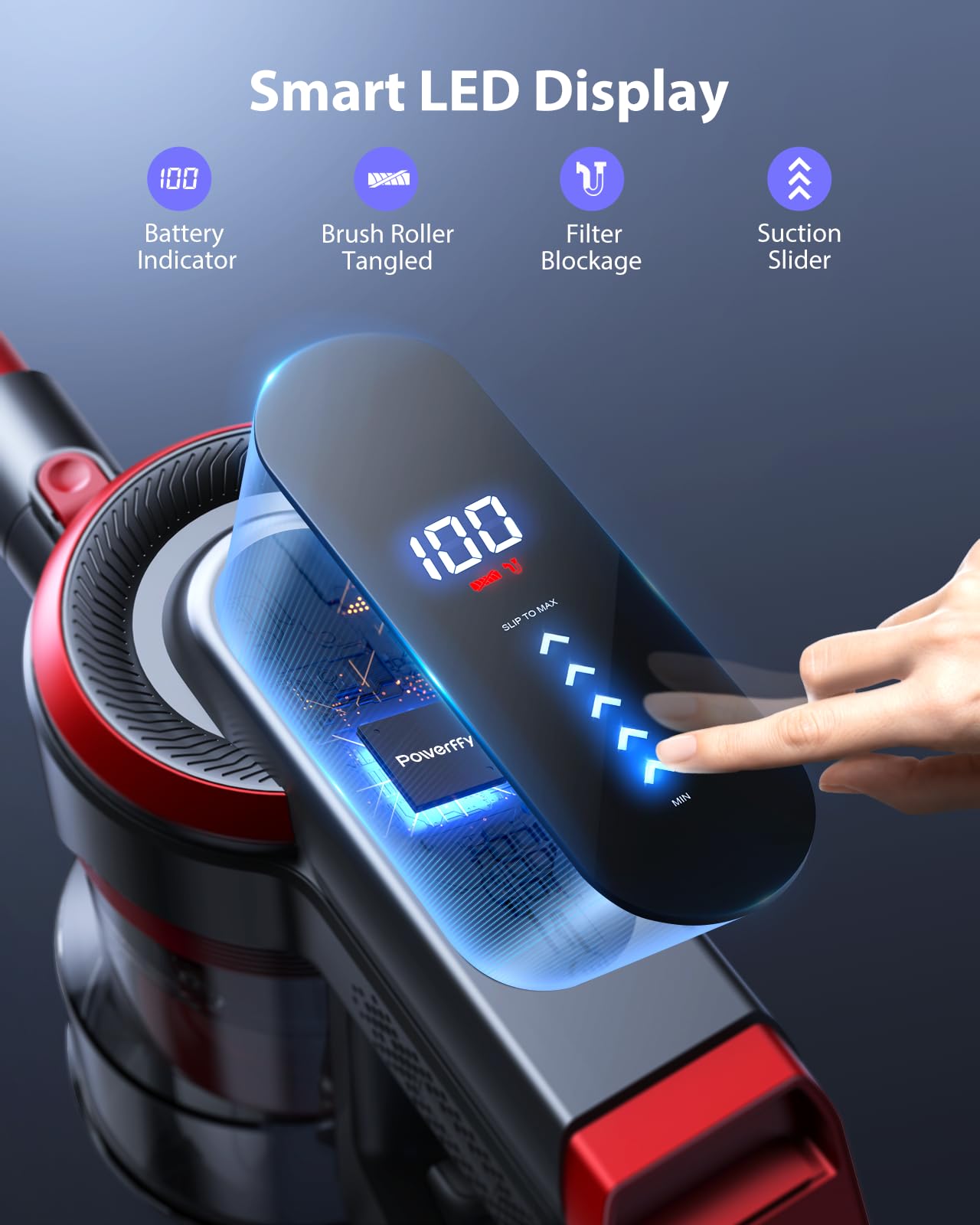Powerful Cordless Vacuum Cleaner - 40kPa/450W Stick Vacuum with 55 Min Runtime, LED Touch Screen & Anti-Tangle Tech - Includes Charging Station for Carpets, Hard Floors & Pet Hair - Perfect for Home Cleaning, Pet Owners & Quick Pickups