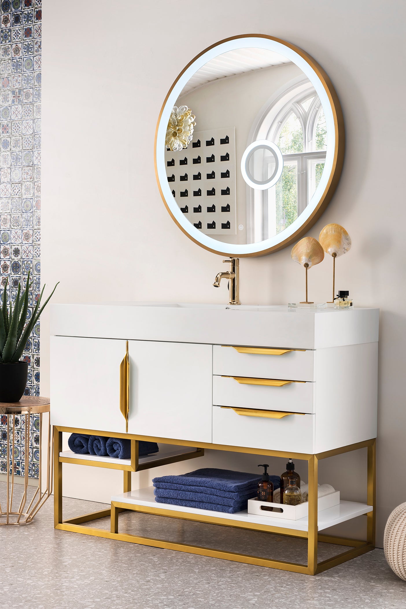 Columbia 48 Inch Single Bathroom Vanity Set - Glossy White with Radiant Gold Accents & Composite Top | Modern Space-Saving Design for Small Bathrooms & Powder Rooms