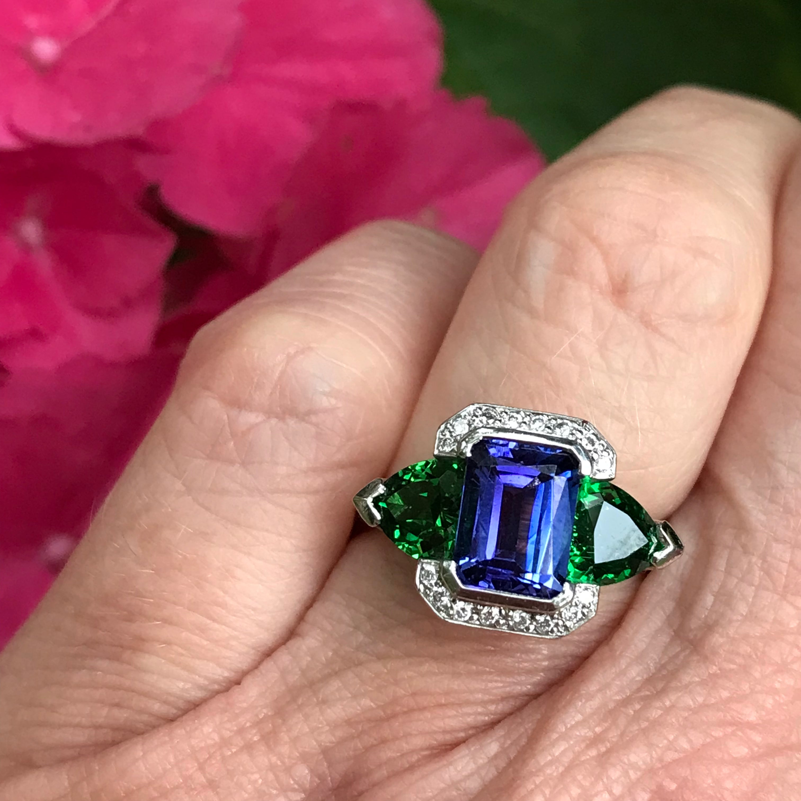 Exquisite Handcrafted Platinum Tanzanite & Tsavorite Diamond Ring for Women | Elegant Engagement, Wedding & Anniversary Jewelry Gift