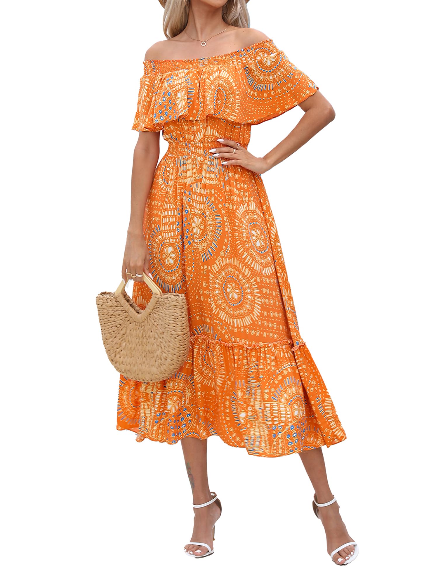 Prettywear Women's 2025 Spring Summer Boho Off Shoulder Floral Midi Dress - Short Sleeve A-Line Casual Beach Dress for Vacation, Party, Date Night & Summer Outings