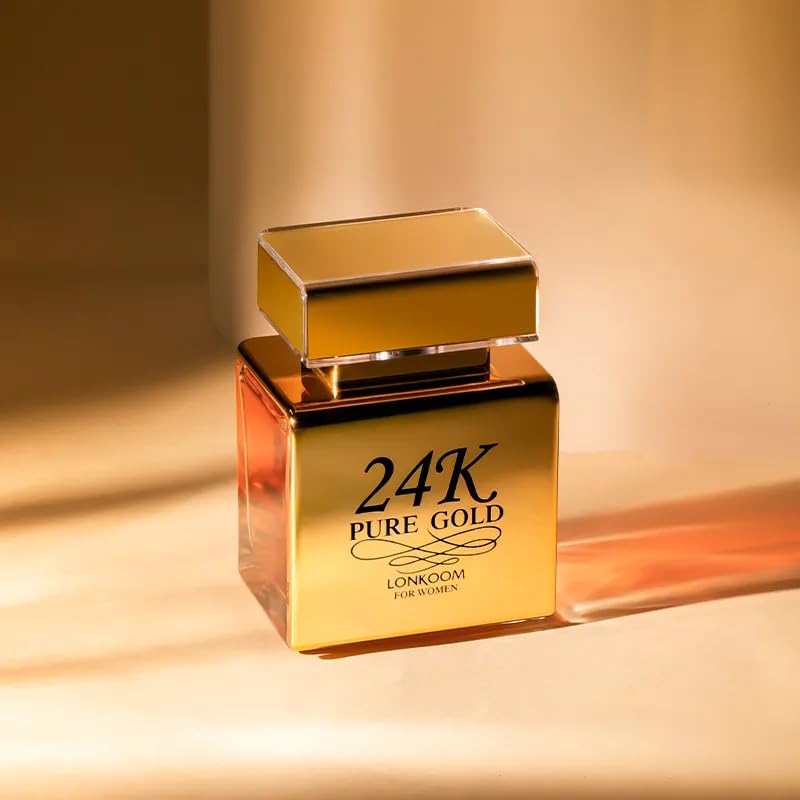 24K Pure Gold Women's Perfume - 3.4 Fl Oz/100ml Eau de Parfum Spray with Long-Lasting Floral Fruity Scent (Praline, Vanilla, Musk, Rose, Strawberry, Amber) | Travel Size Fragrance for Everyday Wear, Date Nights & Special Occasions