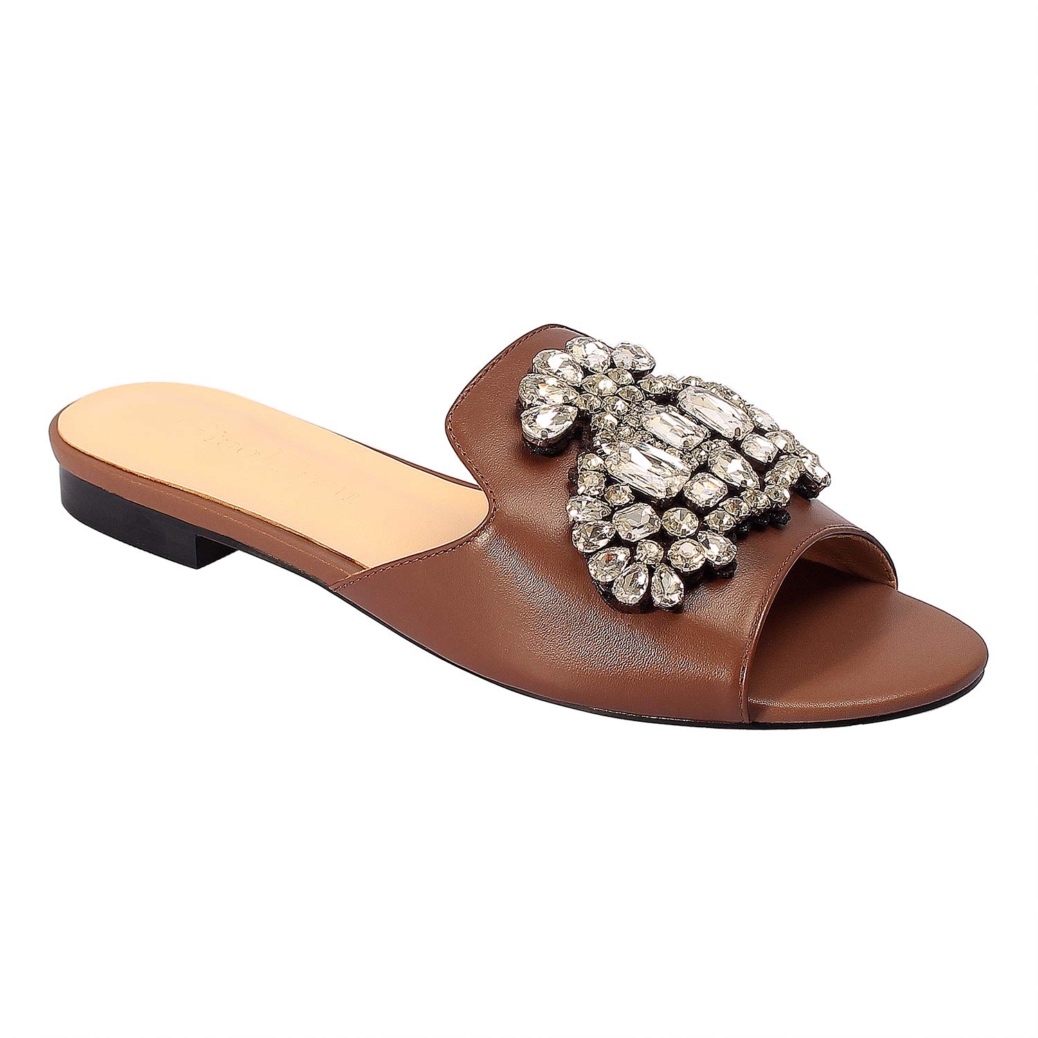 Luxury Rhinestone Flat Slide Sandals for Women - Designer Slip-On Summer Dress Shoes - Genuine Leather - Perfect for Beach, Pool, and Casual Outings