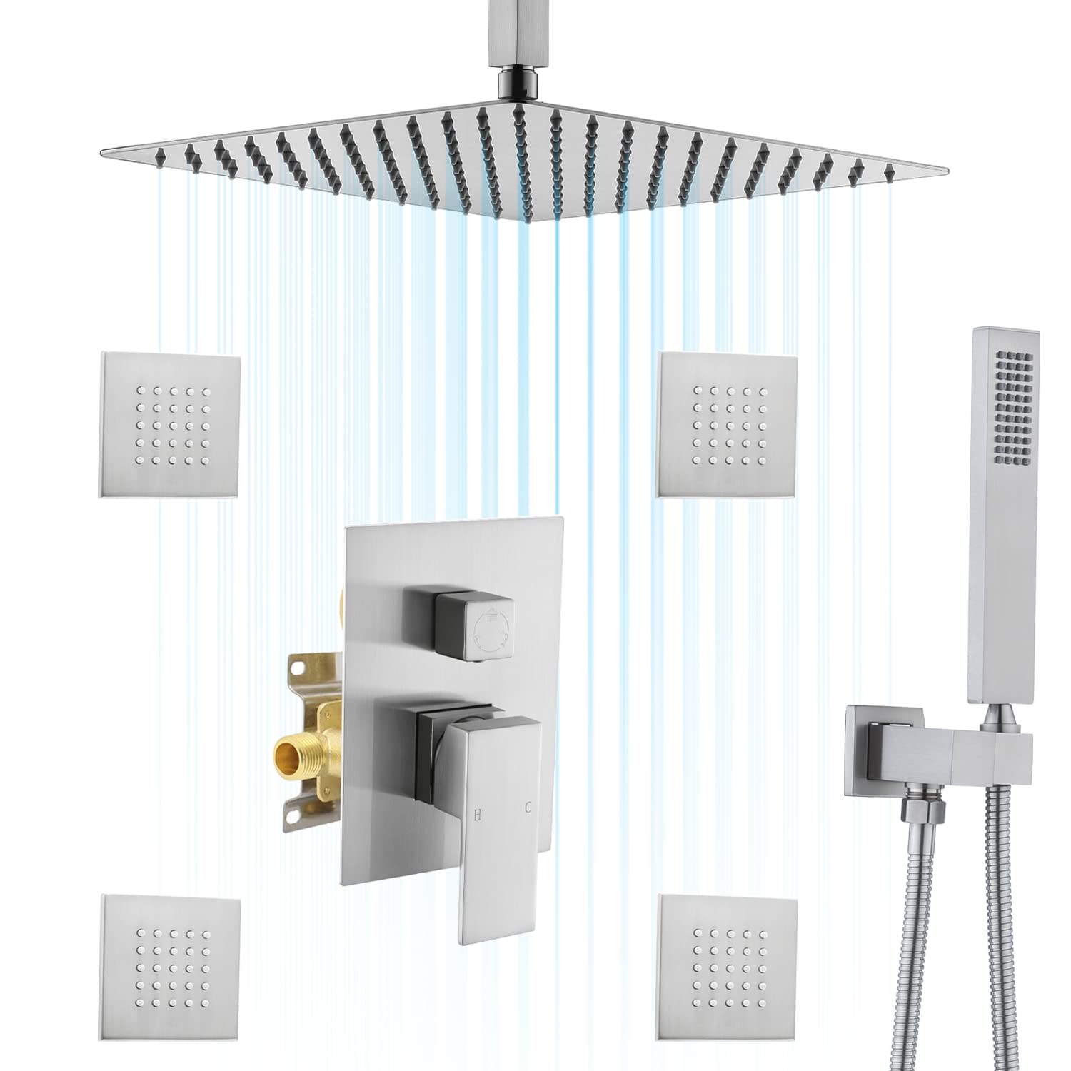 Premium Rainfall Shower System with 12-Inch Rain Shower Head, 6 Body Jets & Handheld Spray - 3-Function Pressure Balance Valve in Brushed Nickel Finish for Luxurious Spa-Like Bathroom Experience