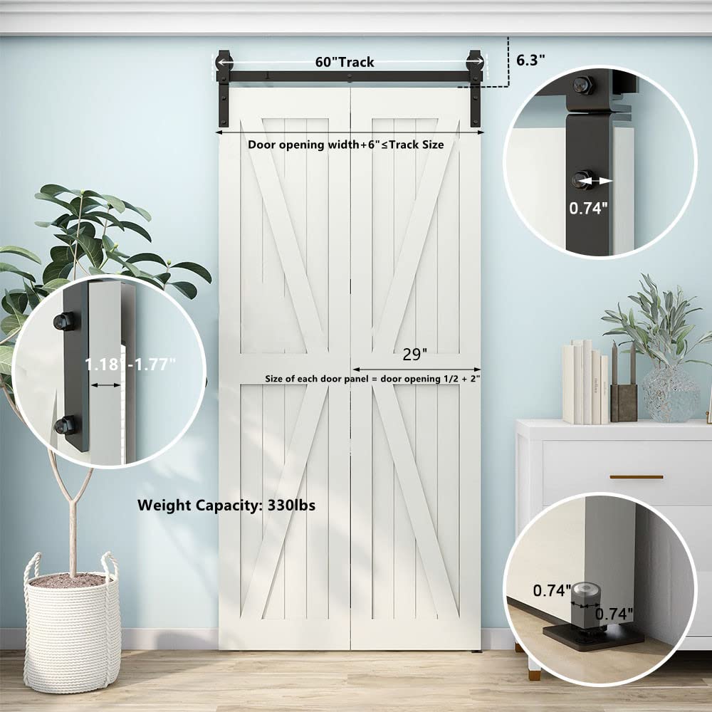 5FT Heavy Duty Bi-Folding Sliding Barn Door Hardware Kit - Smooth & Quiet Operation, Easy Installation for 2 Doors (No Door Included) - Perfect for Bedroom Closets, Pantries and Home Office Spaces