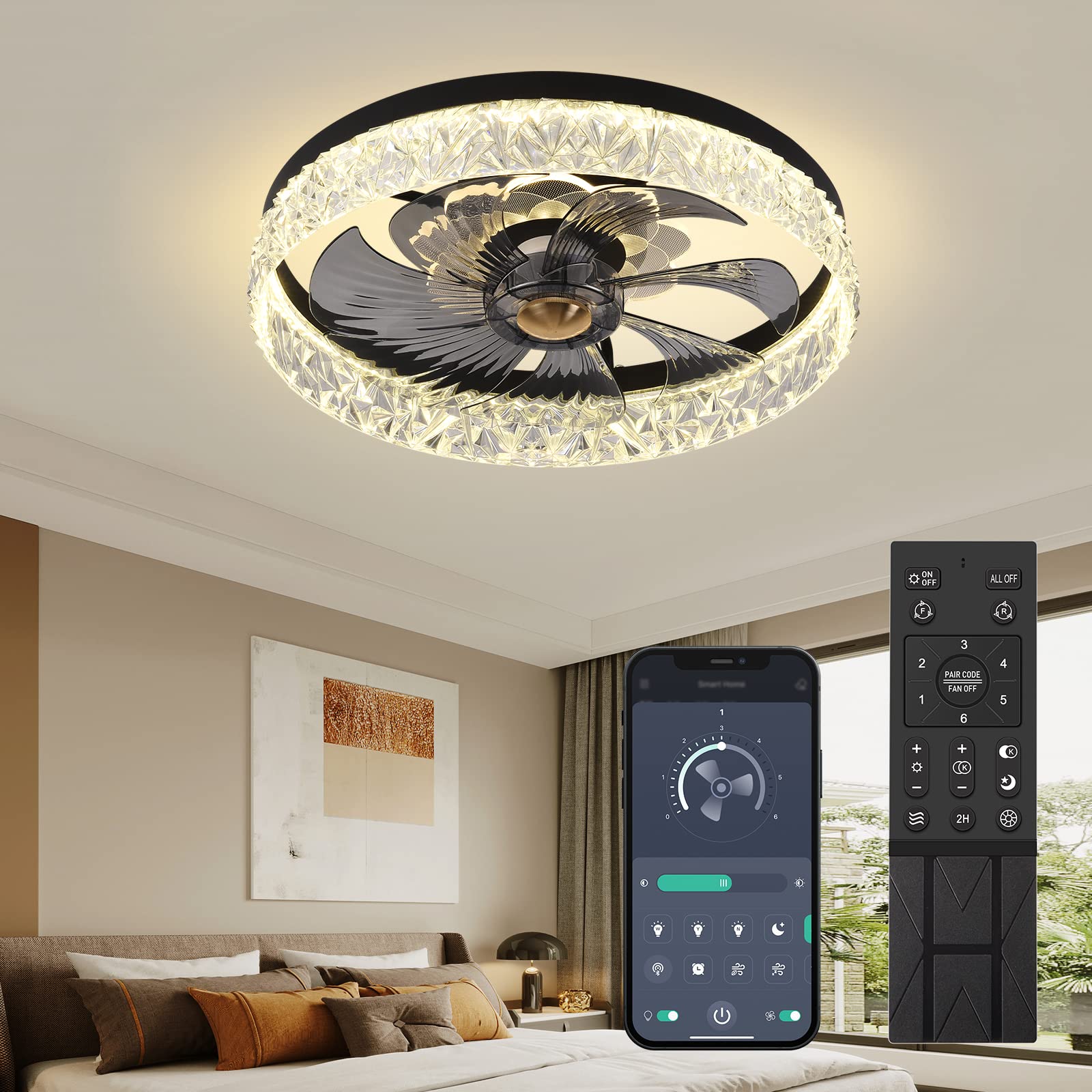 FSZDORJ 2023 Upgraded Smart Ceiling Fan with Lights - 52 Inch Black Modern Ceiling Fan with Remote & App Control, 3 LED Color Options, 6 Speed Settings, Timer Function - Perfect for Bedroom, Living Room, Office & Small Spaces