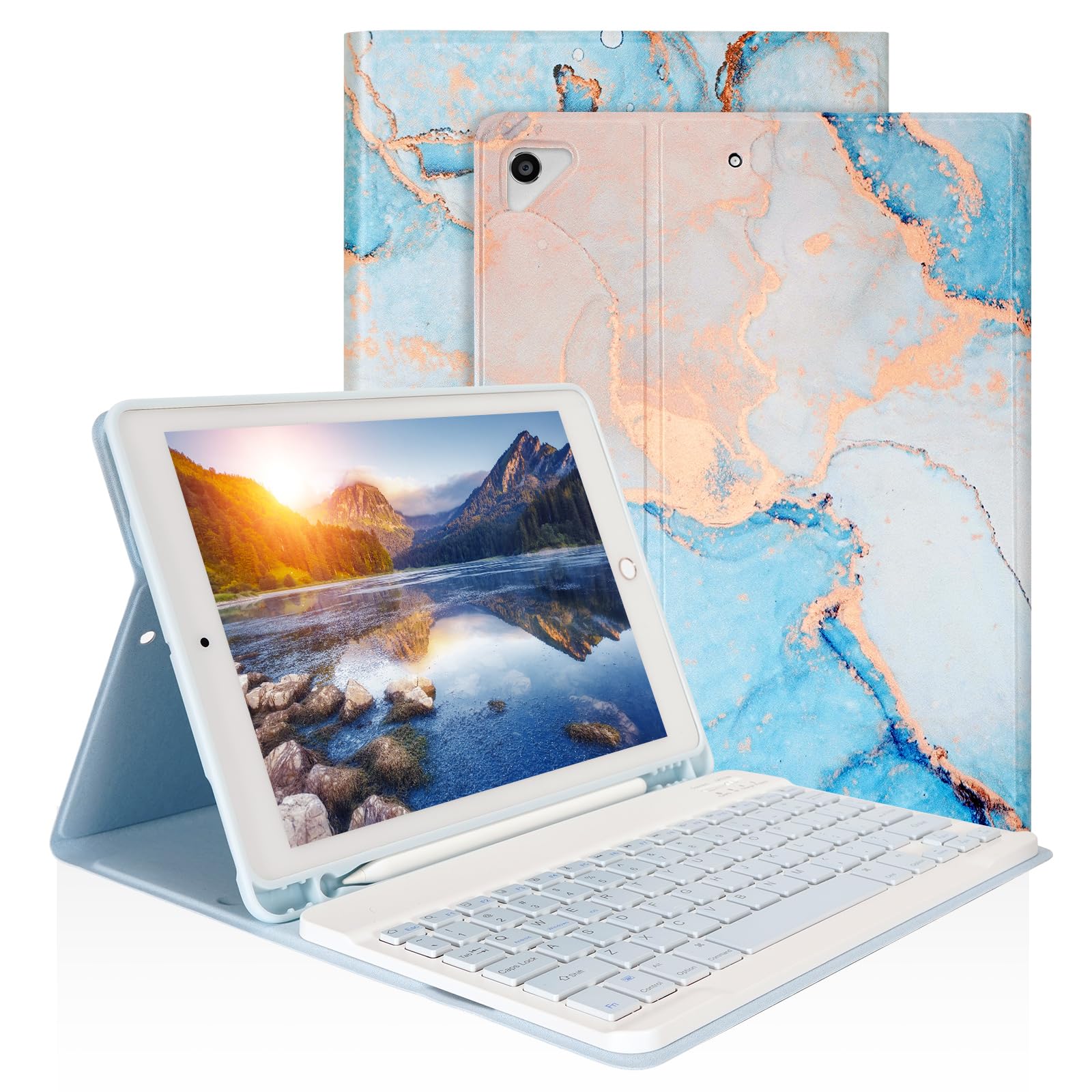 LAMA Wireless Keyboard Case for iPad 9.7 inch (6th/5th Gen iPad, iPad Pro & iPad Air 2/1) - Detachable Bluetooth Keyboard with Pencil Holder, Auto Sleep/Wake Function - Marble Blue | Perfect for Work, Study & Travel