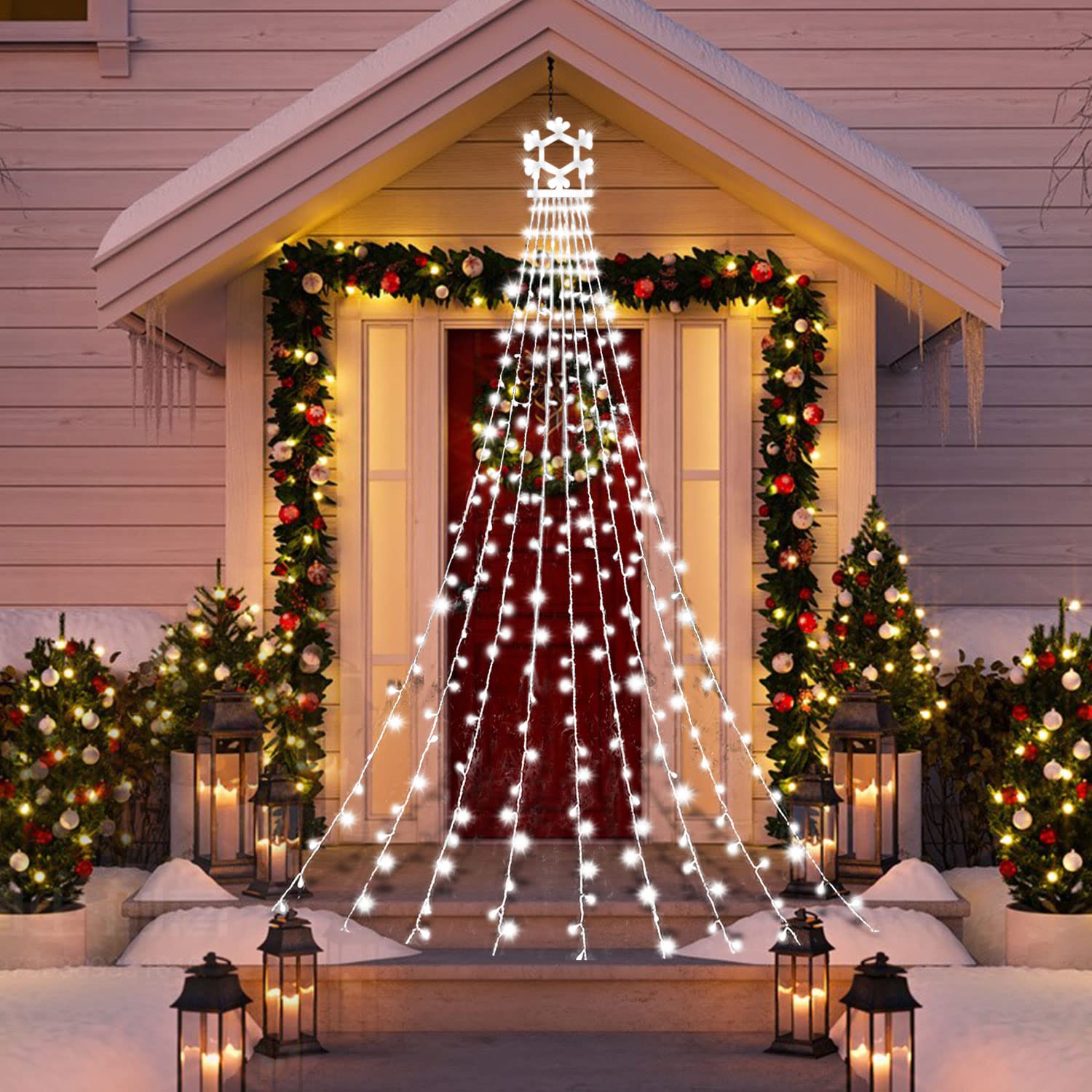 320 LED Outdoor Christmas String Lights - Snowflake Tree Topper & Waterfall Curtain Lights for Holiday, Wedding, Party Decorations | Weatherproof White Fairy Lights for Garden, Patio, Yard, and Indoor Use