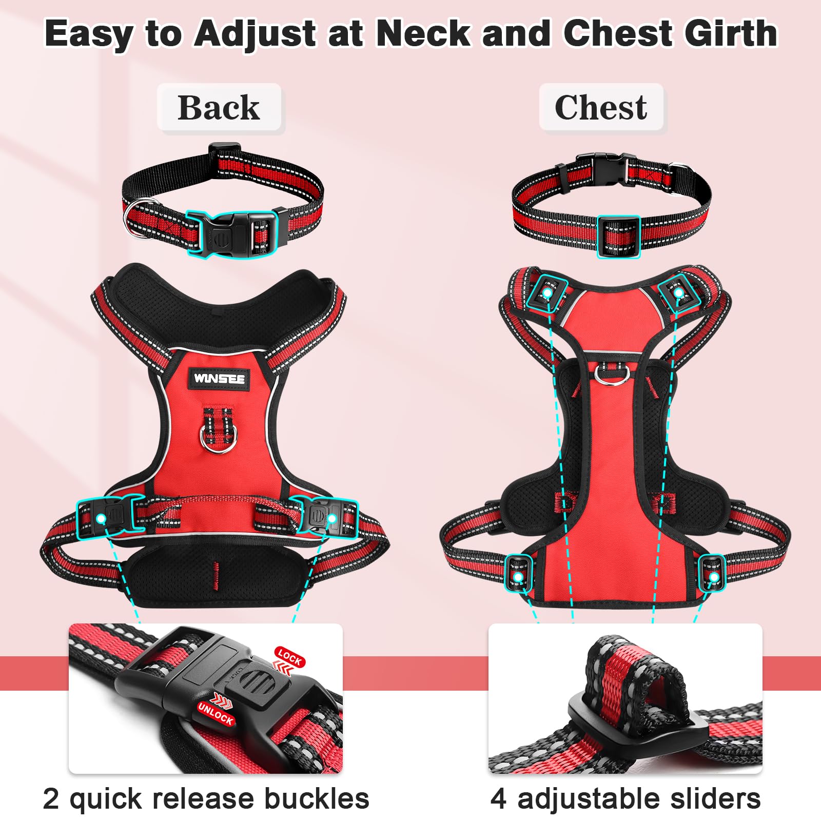 WINSEE No Pull Dog Harness - Adjustable Reflective Pet Vest with Front/Back Leash Clips for Small Medium Large XL Dogs - Easy Control Handle for Walking, Running & Outdoor Adventures