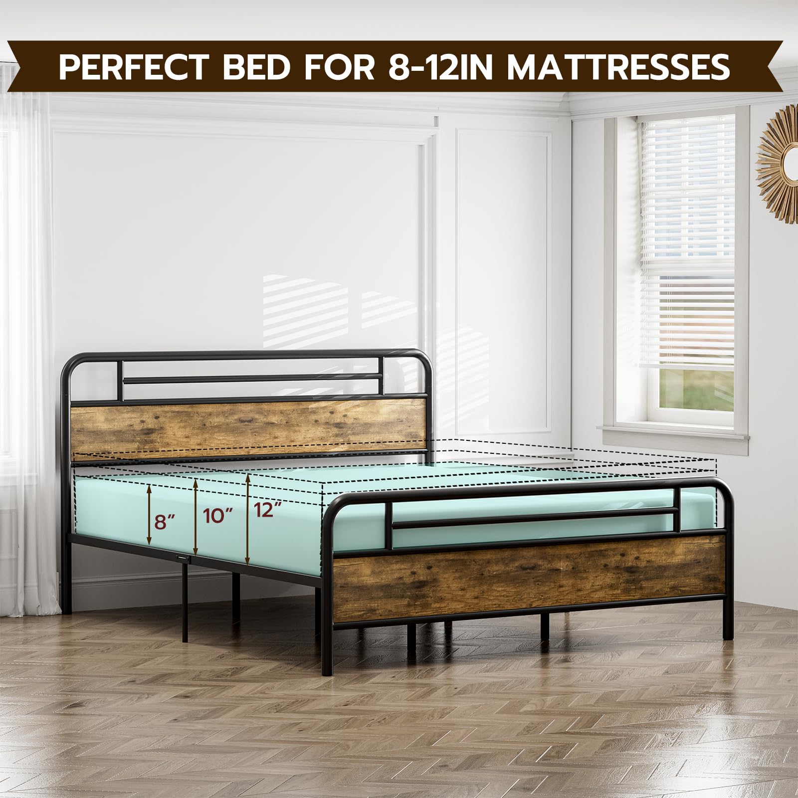 IKIFLY California King Bed Frame with Wood Headboard & Footboard - Farmhouse Style Metal Platform Bed with Heavy Duty Steel Slats, 12