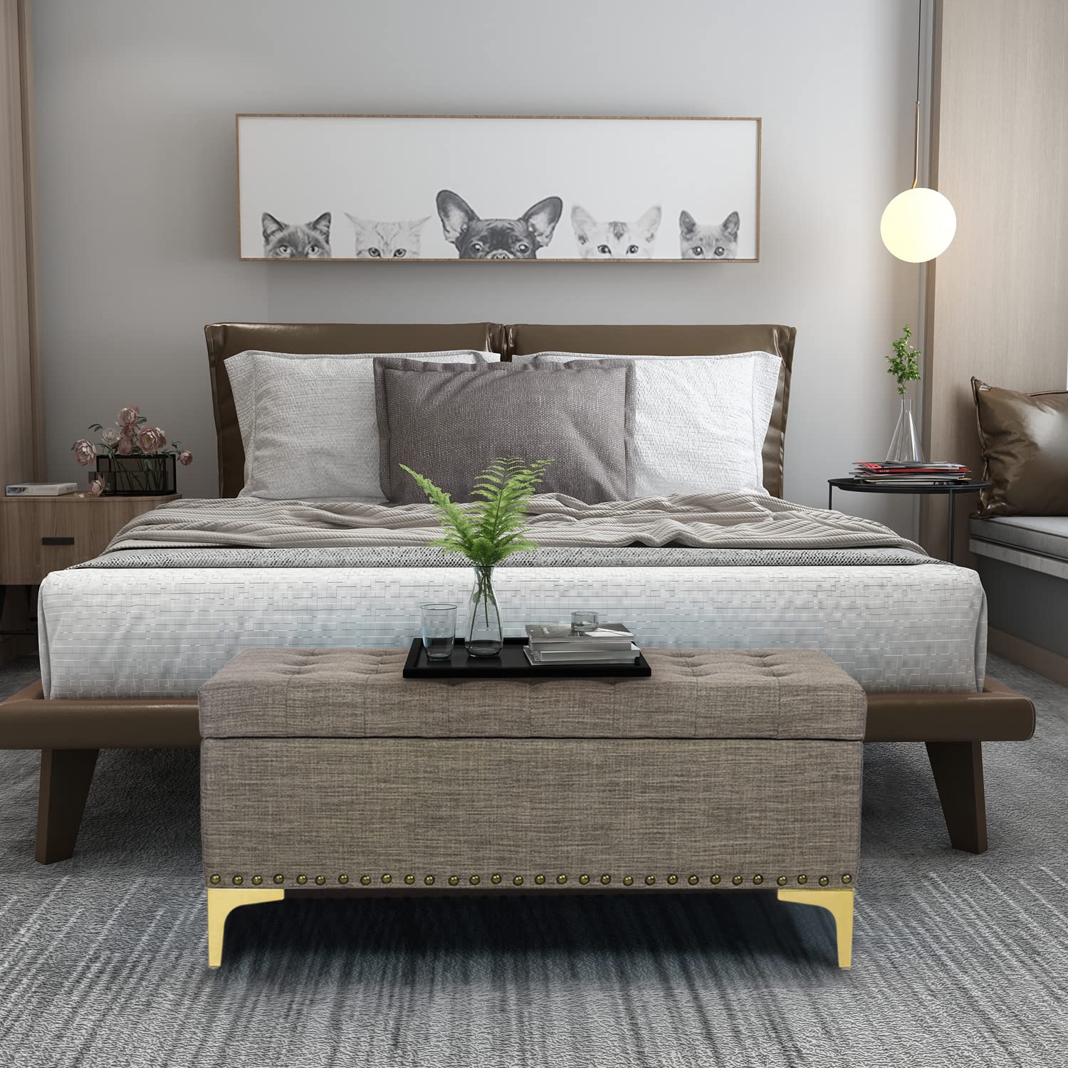Adeco Tufted Rectangular Storage Ottoman Bench with Lift Top & Sturdy Metal Legs - Dark Grey Footstool for Living Room, Bedroom, or Entryway Storage