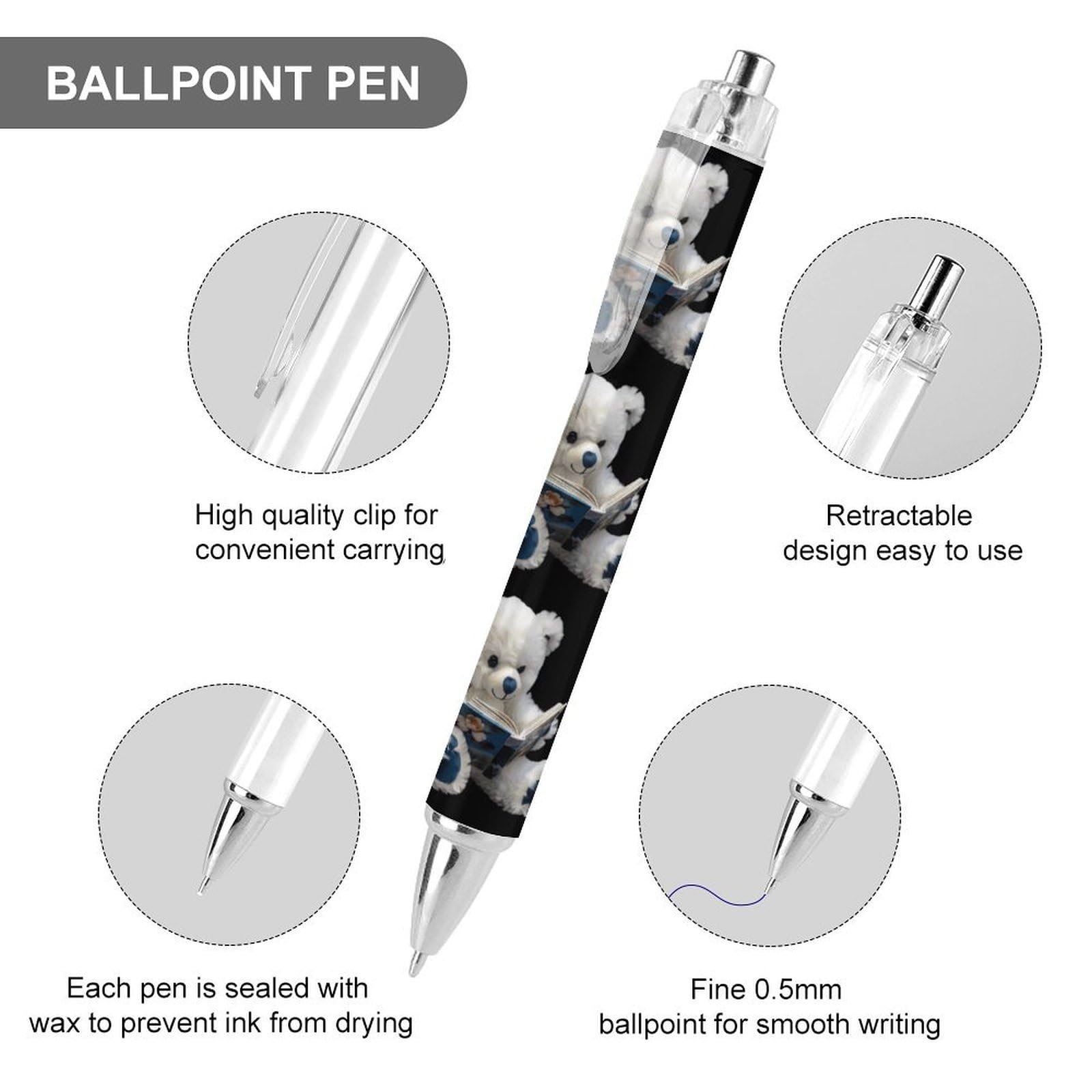 Cute Reading Teddy Bear Retractable Ballpoint Pen - 0.5mm Fine Point Round Barrel Pens (1/2/4 Packs) for Office, School, Note Taking & Gift Giving