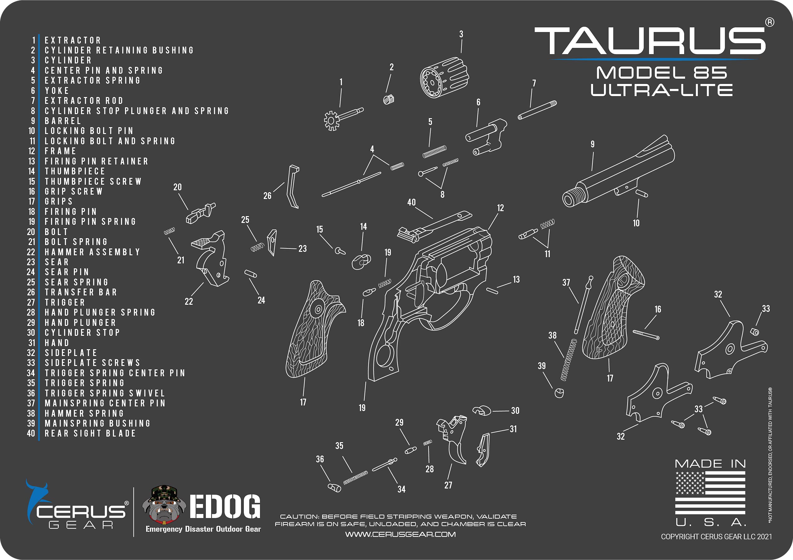 EDOG 85 Gun Cleaning Mat - Exploded View Schematic for Taurus Model 85 Pistols | 3mm Padded, Oil & Solvent Resistant | Protects Firearms, Magazines & Workbenches | Perfect for Gun Maintenance & Cleaning Sessions