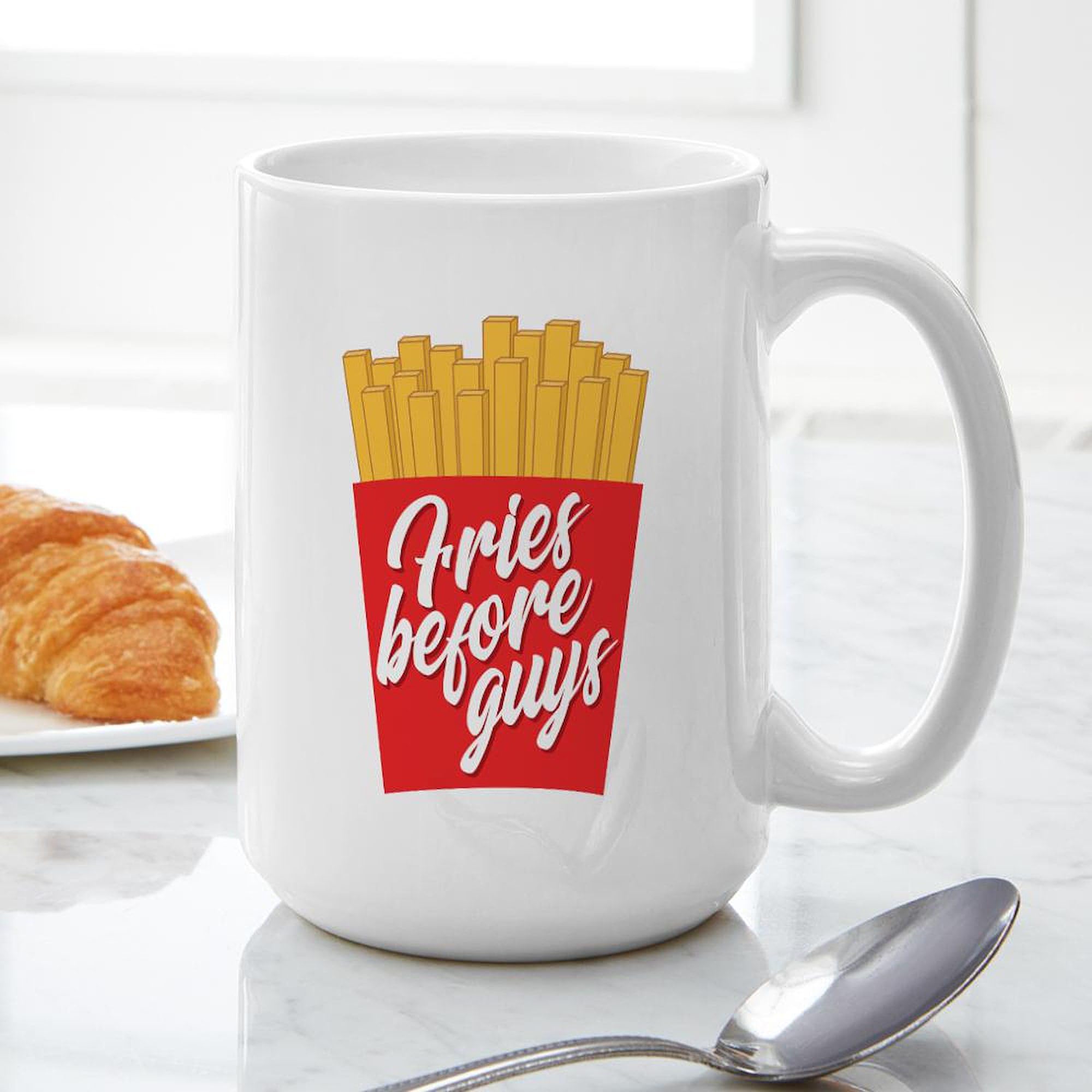 Fries Before Guys 15 oz Ceramic Coffee Mug - Funny Novelty Gift for Friends & Potato Lovers - Perfect for Office, Home & Coffee Breaks