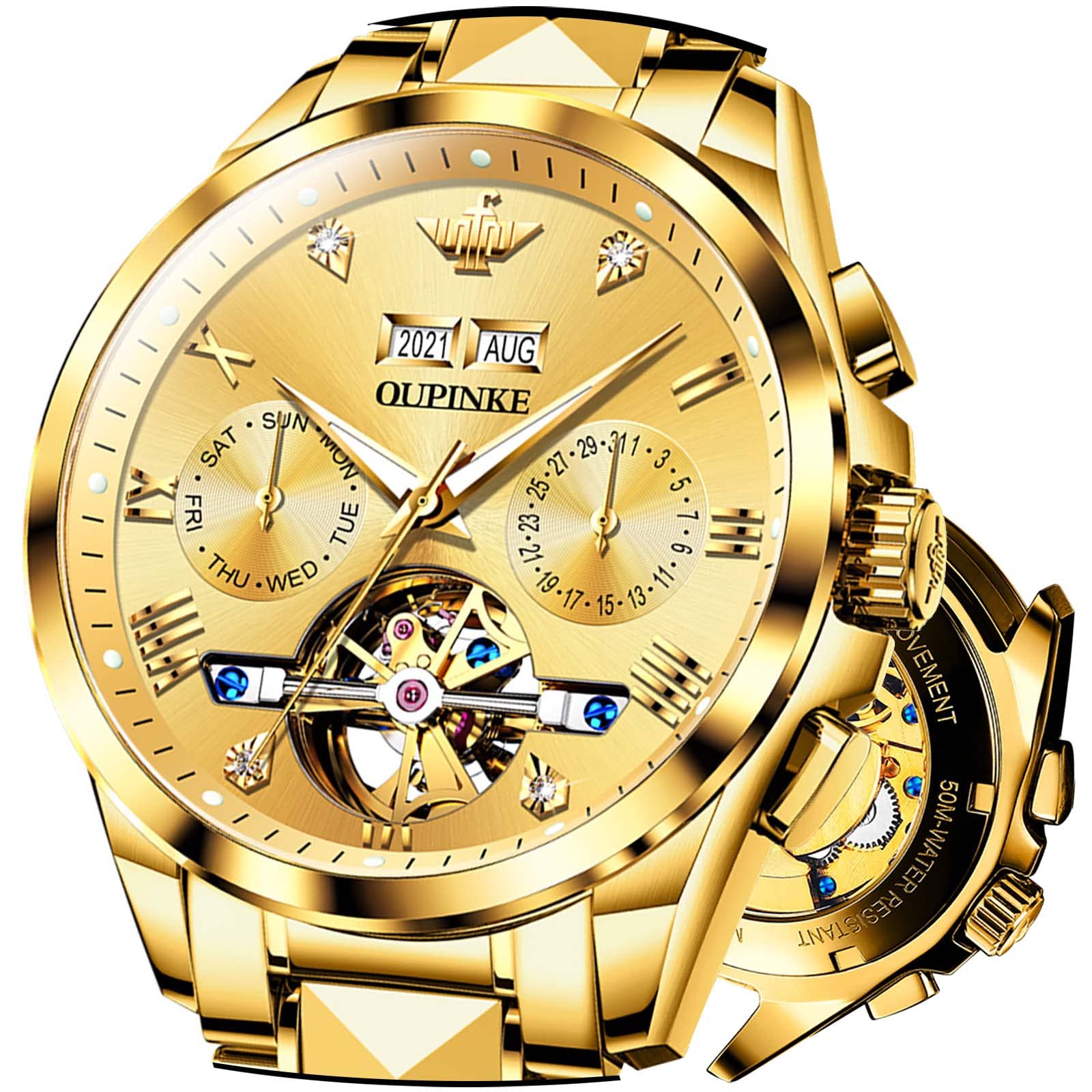 OLEVS Automatic Skeleton Men's Luxury Watch - Mechanical Self-Winding Sapphire Crystal Tungsten Steel Wristwatch - 50M Waterproof & Luminous - No Battery Needed - Perfect for Business, Formal Events & Everyday Wear