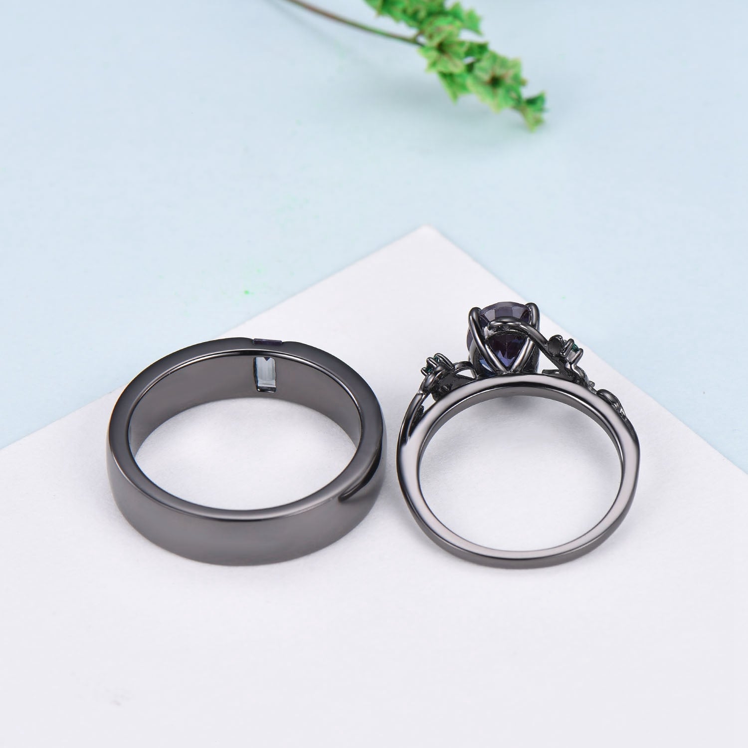 14K Black Gold Alexandrite Couples Ring Set - His & Hers Wedding Bands, Twig Design Engagement Rings for Men & Women - Nature Inspired Promise Gift for Anniversaries, Proposals & Romantic Occasions