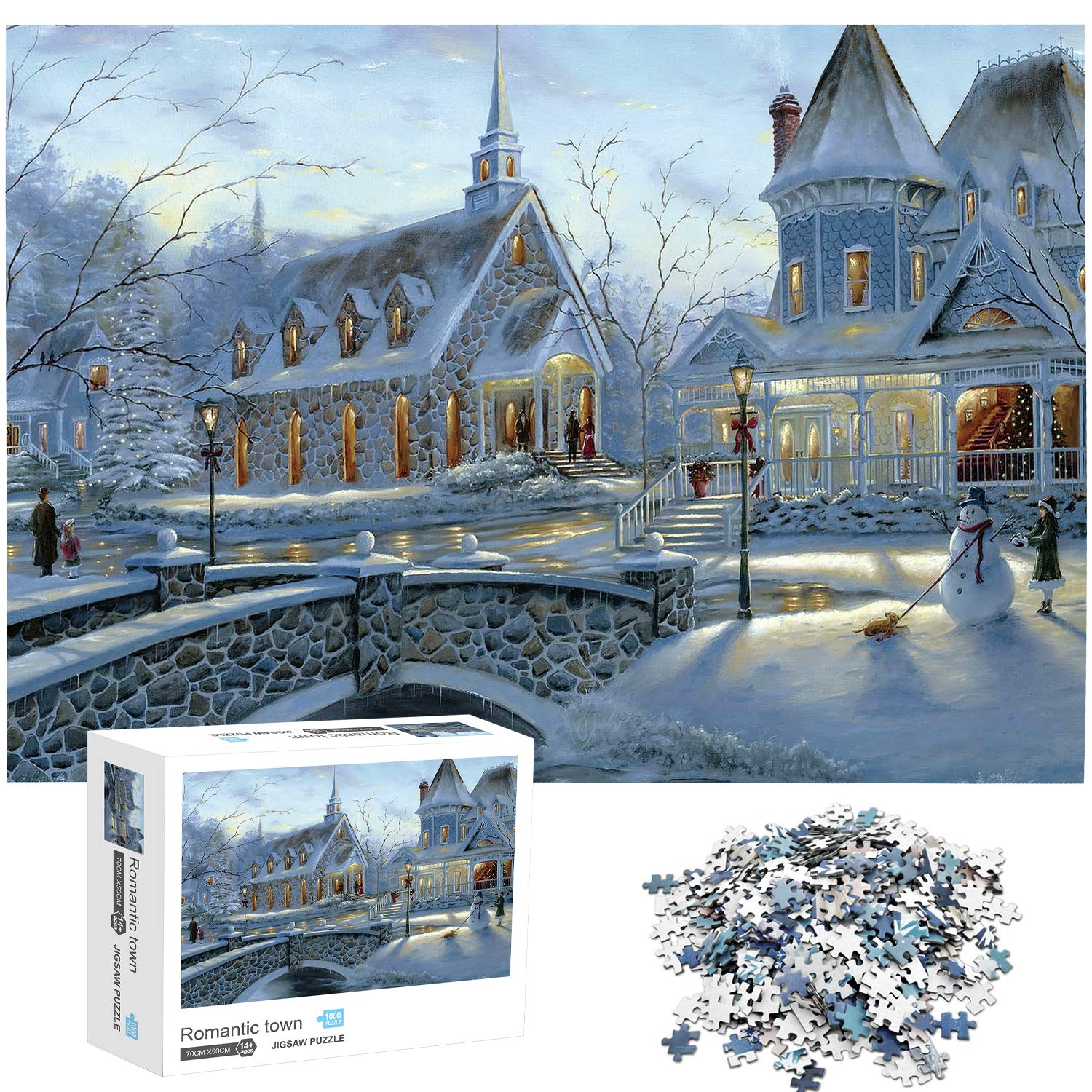 1000 Piece Christmas Jigsaw Puzzle for Adults - Winter Snowman & Romantic Town Scene - Educational Brain Teaser Game for Stress Relief & Family Fun - Perfect for Holiday Gatherings & Winter Nights by the Fireplace