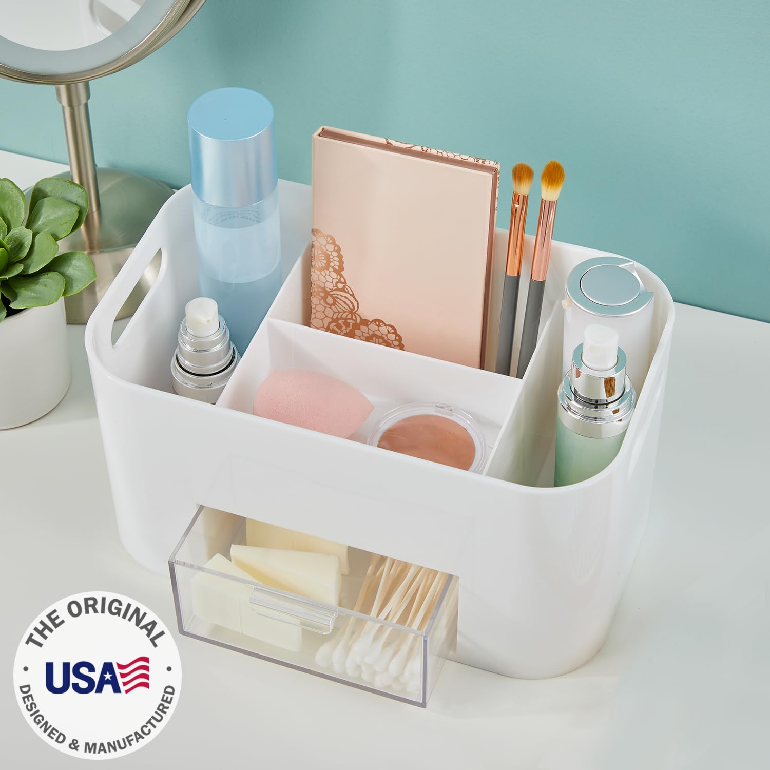 STORi Bliss White Makeup Organizer - Countertop Cosmetic Storage with Divided Drawers & Brush Holder | Nail Polish Organizer | Made in USA | Perfect for Vanity, Bathroom & Travel Beauty Organization