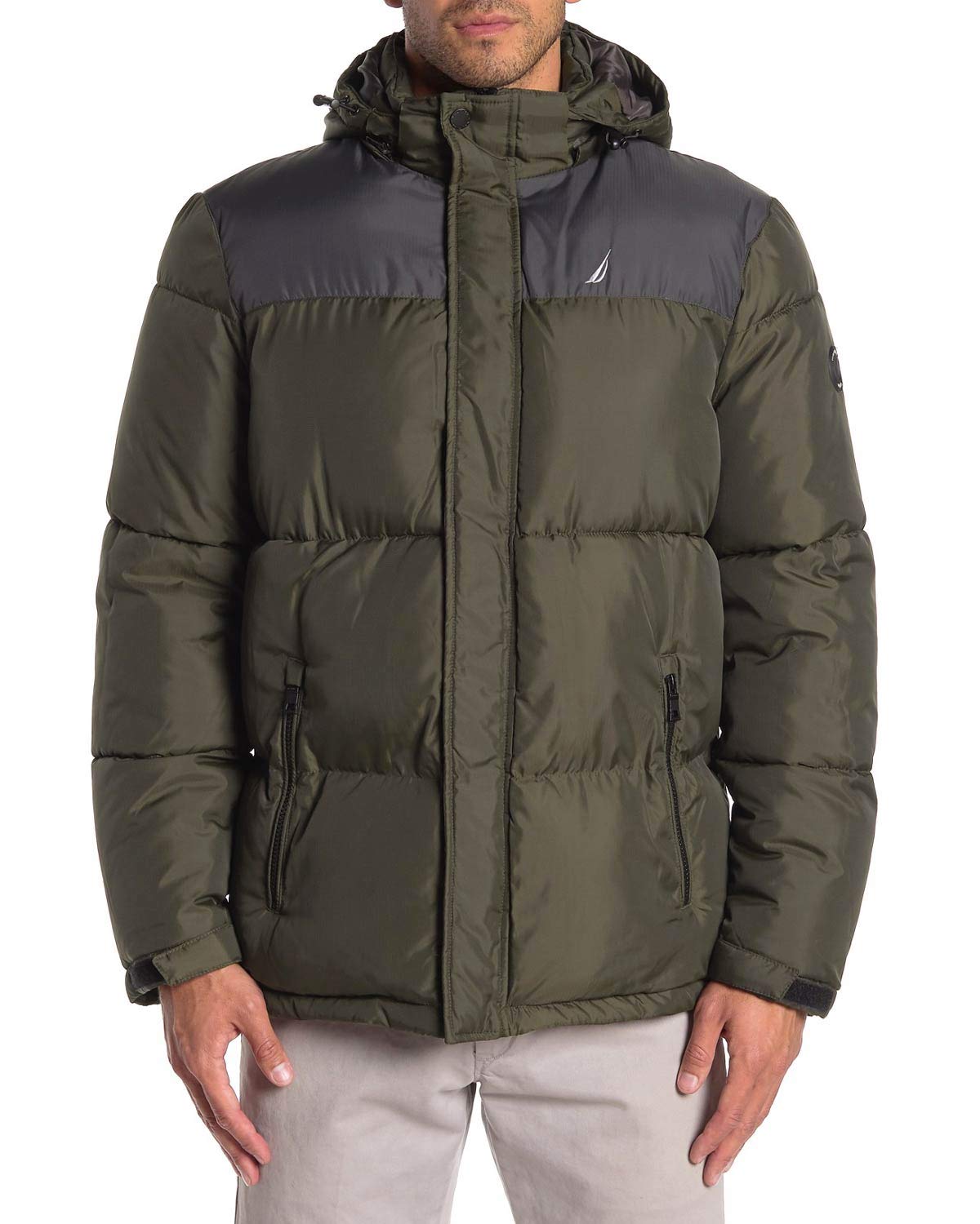 Nautica Men's Water-Resistant Colorblock Logo Hooded Puffer Jacket - Small, Olive Green - Winter Coat for Outdoor Activities & Casual Wear