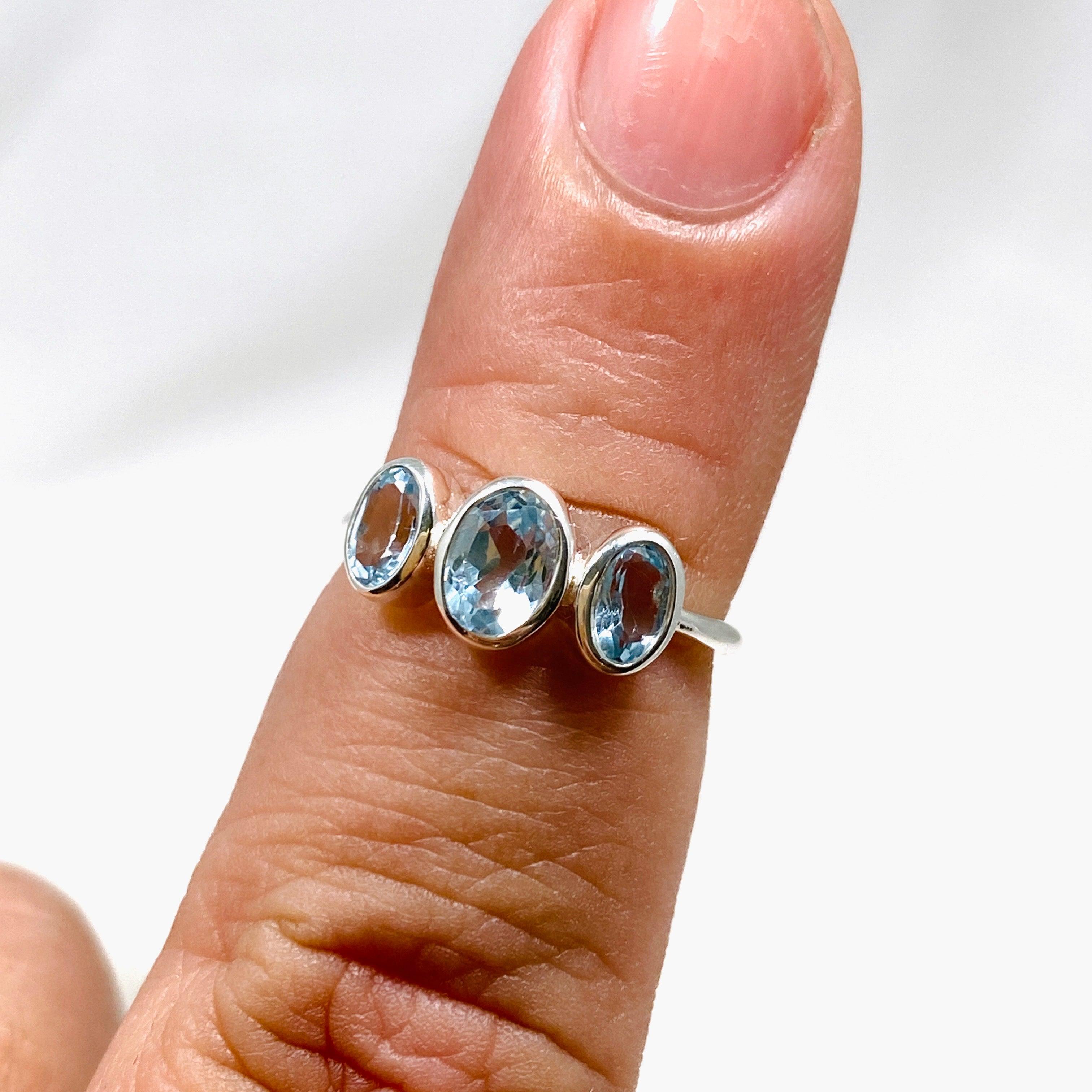 Blue Topaz Triple Stone Faceted Ring R3956 - Elegant Sterling Silver Jewelry for Women, Perfect for Weddings, Anniversaries & Special Occasions
