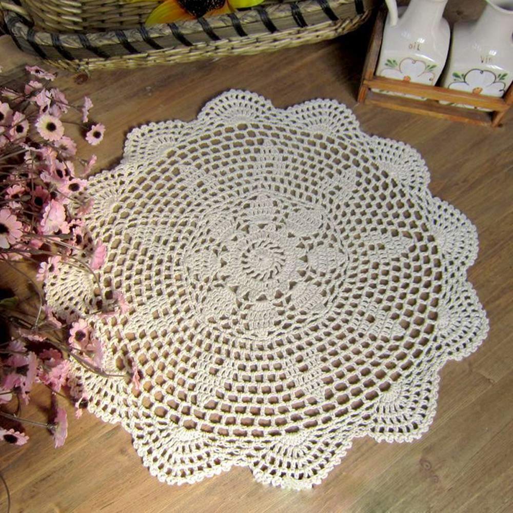 Handmade Cotton Crochet Lace Round Table Runner - 15 Inch Beige Doily Tablecloth for Dining Room, Coffee Table & Dresser Scarf Decor