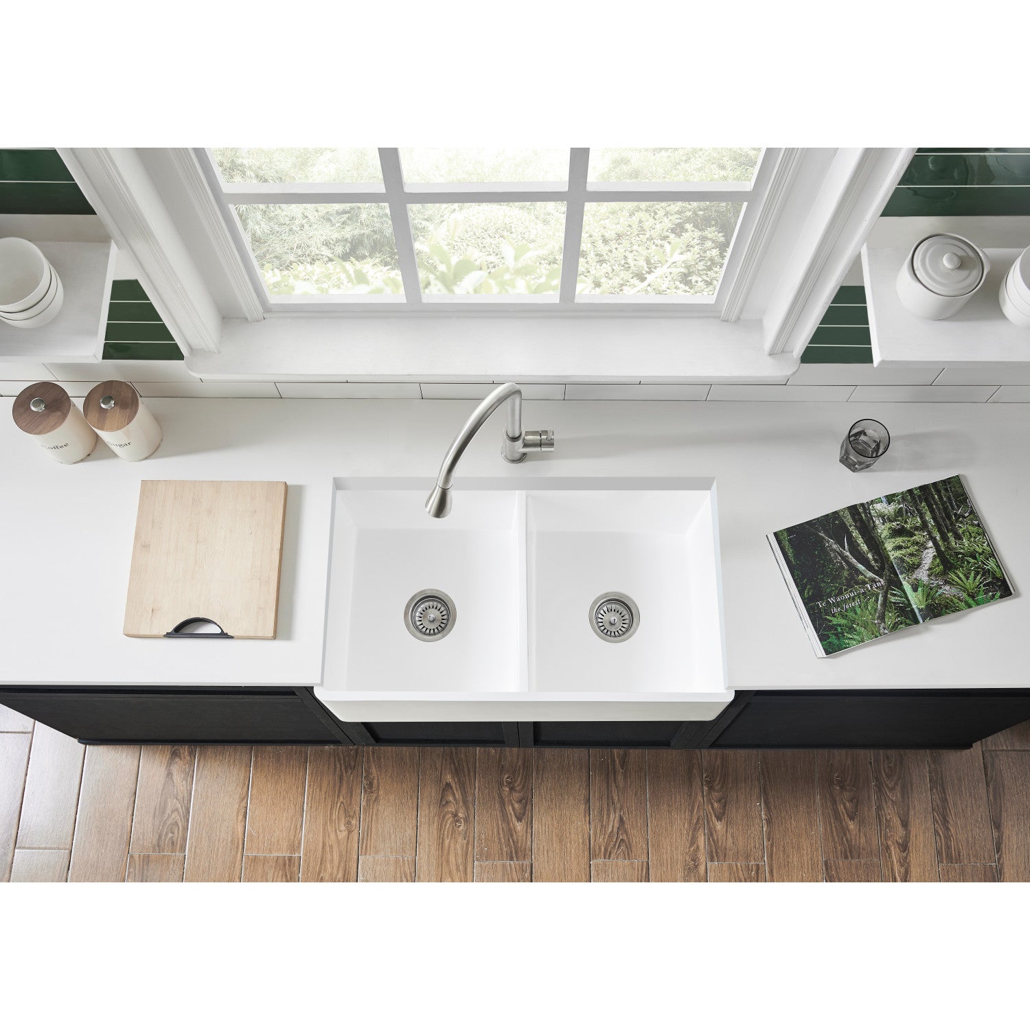 Arcticstone 33 Inch White Farmhouse Kitchen Sink - Double Bowl Apron Front Solid Surface Sink with 2 Strainers (Matte/Glossy Finish) - Perfect for Modern Farmhouse & Rustic Kitchen Designs