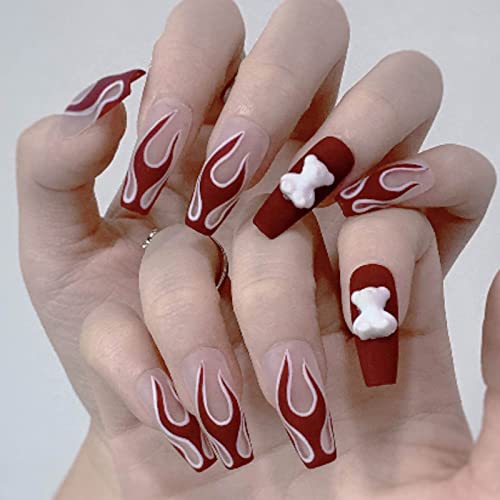 Acenail Press on Nails - Medium Length Glossy Fake Nails with 3D French Tip Designs, 24Pcs Full Cover Artificial Acrylic Nails for Women & Girls (#10 Matte Fire) - Perfect for Parties, Weddings & Everyday Wear