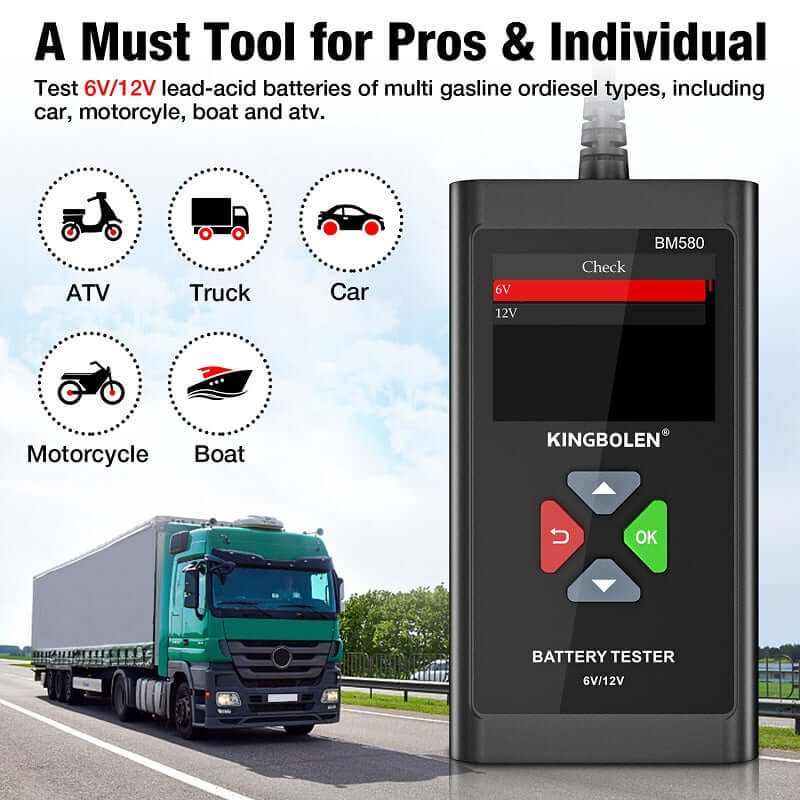 KINGBOLEN® BM580 6V 12V Car Battery Tester - Digital Automotive Battery Analyzer for Cars, Trucks, Motorcycles, RVs & Boats - Perfect for Home Mechanics & Auto Shops