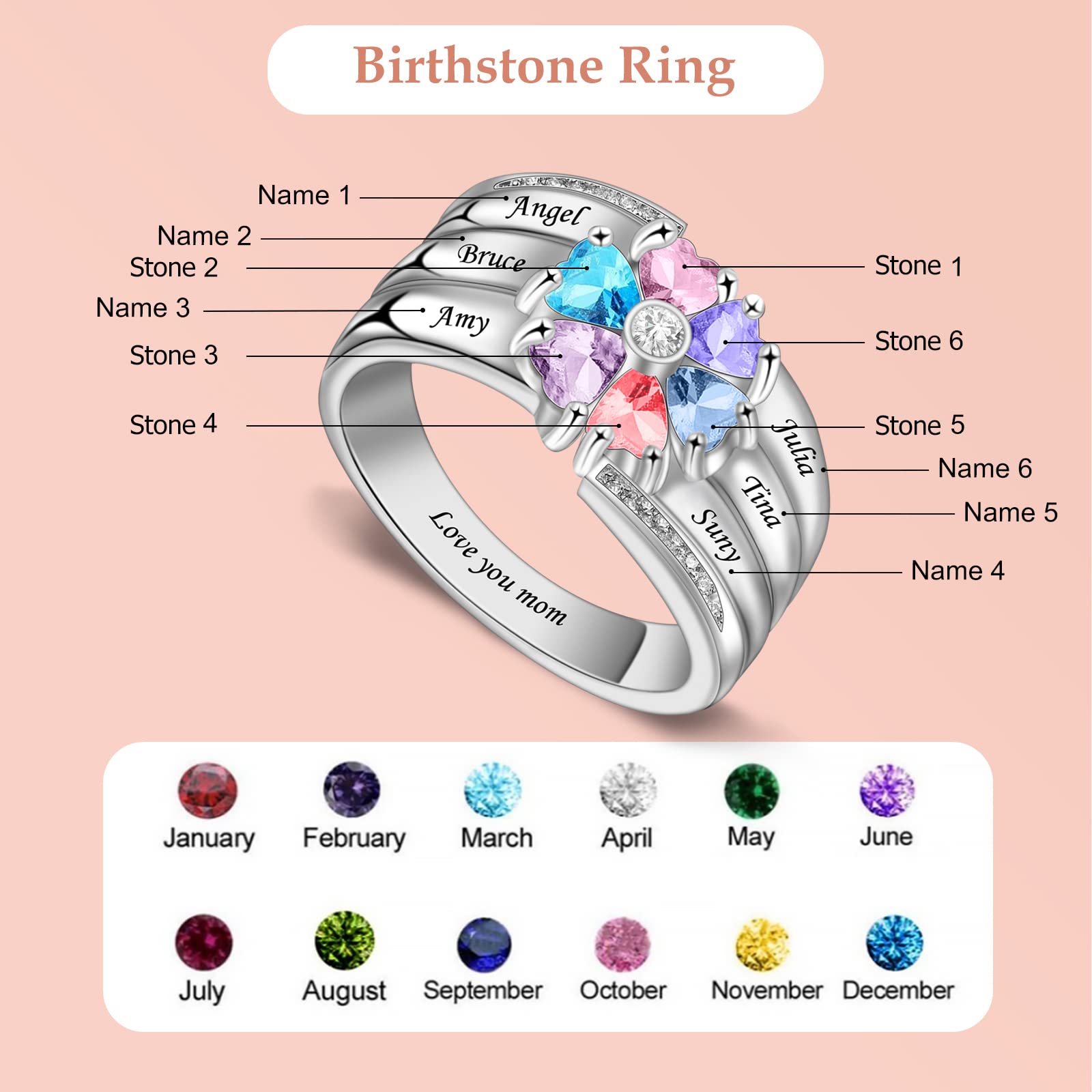 Personalized Mothers Rings with 4-8 Simulated Birthstones - Custom Family Name Jewelry for Mom & Grandma - Perfect Gift for Mother's Day, Christmas & Special Occasions - Ideal for Anniversaries, Family Reunions & Everyday Wear