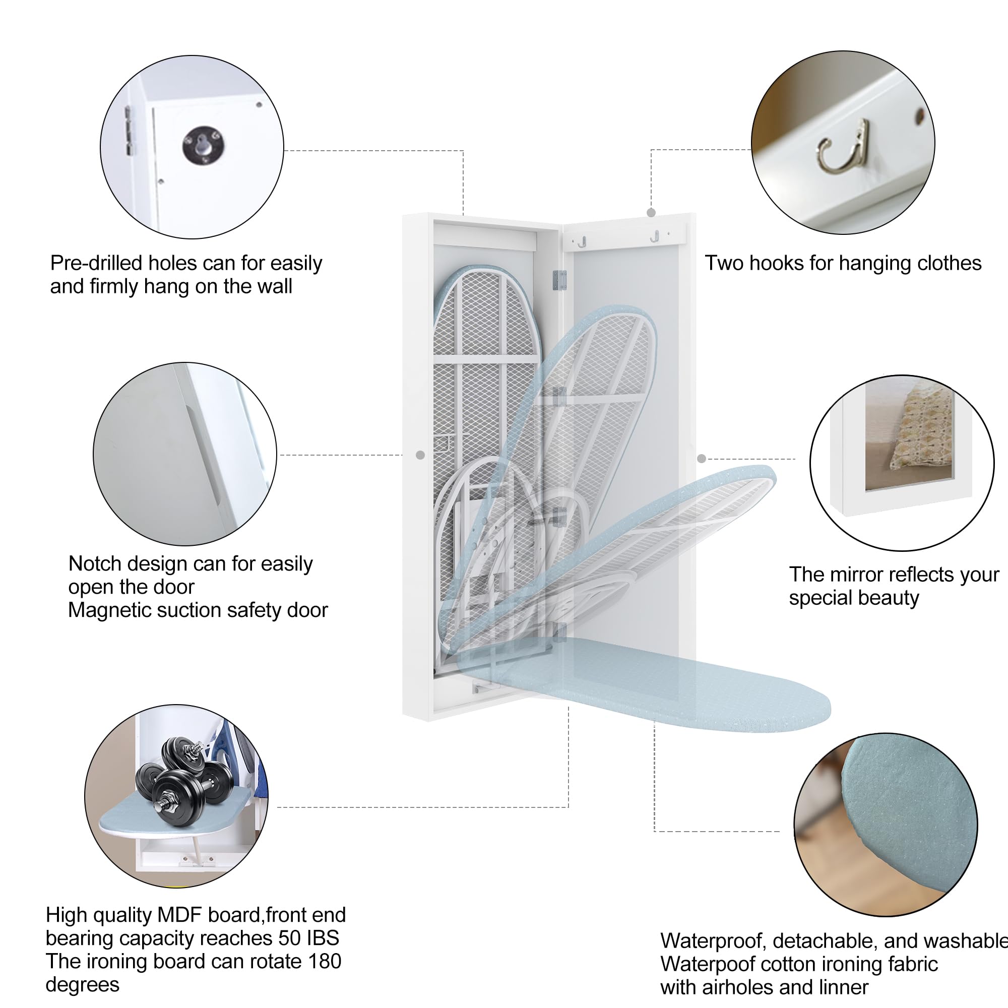 180° Swivel Ironing Board Cabinet with Magnetic Door - Foldable Wall Mount Ironing Board with Storage & Mirror - Space Saving White Laundry Organizer for Small Homes & Apartments