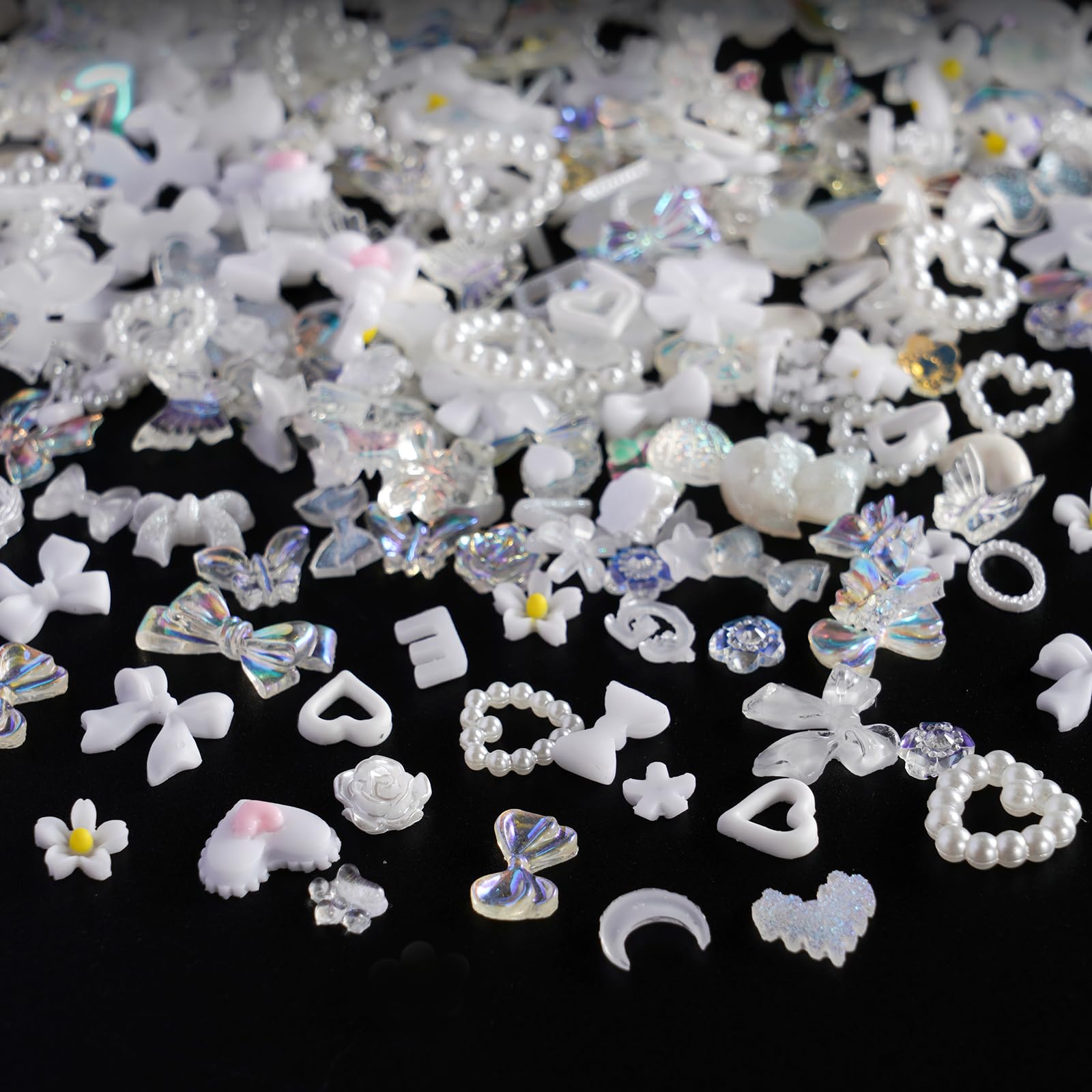 320Pcs White Butterfly, Heart, Star, Cross Nail Rhinestones Charms - 3D Alloy Pearl Nail Art Decorations with Bows & Flowers for DIY Manicure, Crafting & Jewelry Making - Perfect for Nail Salons, Home DIY Projects & Gift Giving
