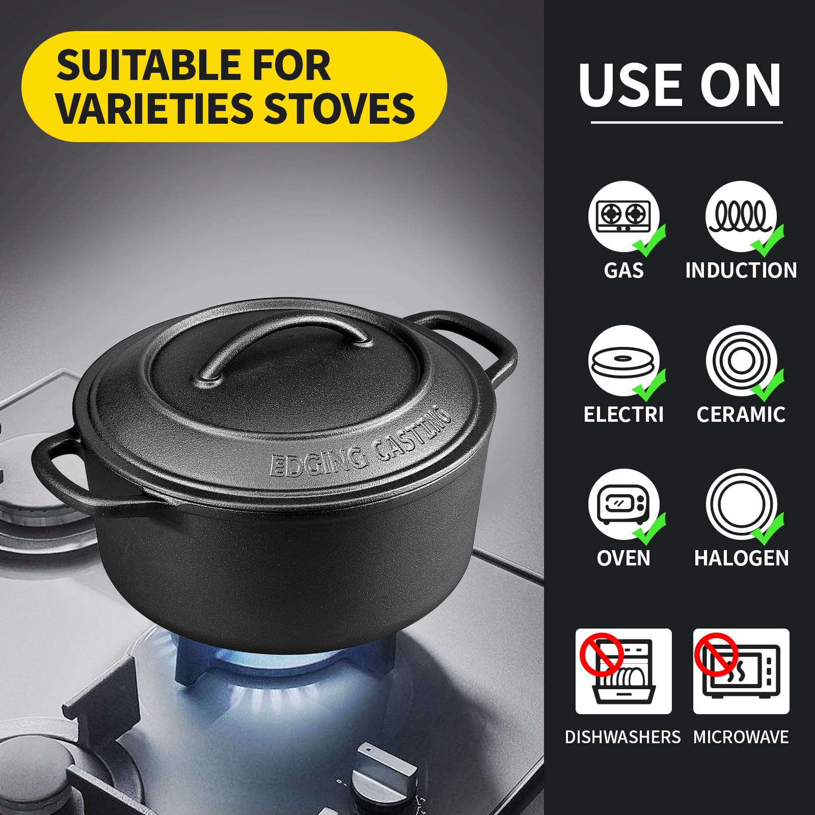 Pre-Seasoned Cast Iron Dutch Oven with Lid - 7 Quart Round Dual Handle Pot for Sourdough Bread Baking, Camping & Outdoor Cooking - Black