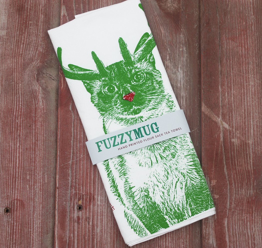 Christmas Cat Tea Towel - Hand Printed Holiday Kitchen Towel with Cat & Rudolph Design | Festive Flour Sack Dish Towel for Baking, Cooking & Christmas Decor | Merry & Bright Cat Lover Gift