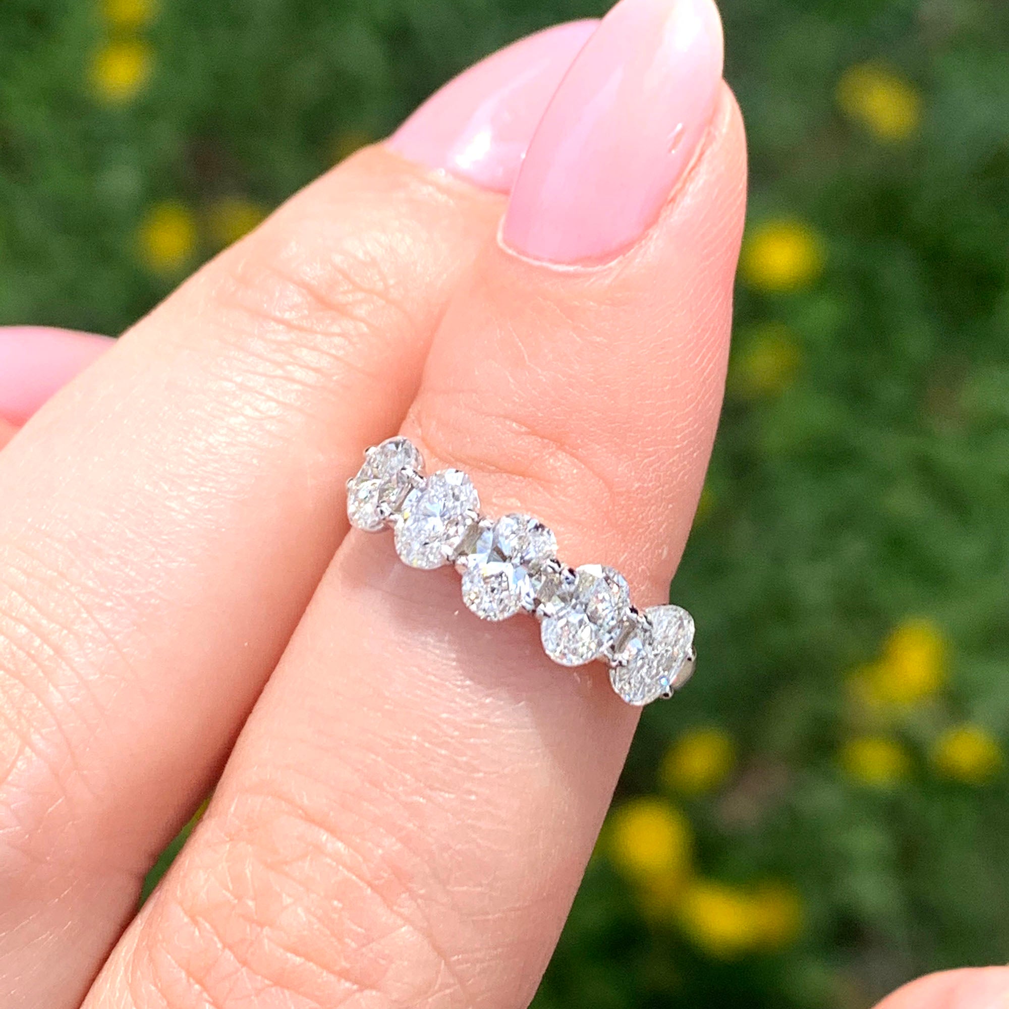 1.15 Carat Oval Diamond Five Stone Band Ring - Eagle Claw Trellis Style Wedding Jewelry for Brides & Anniversaries