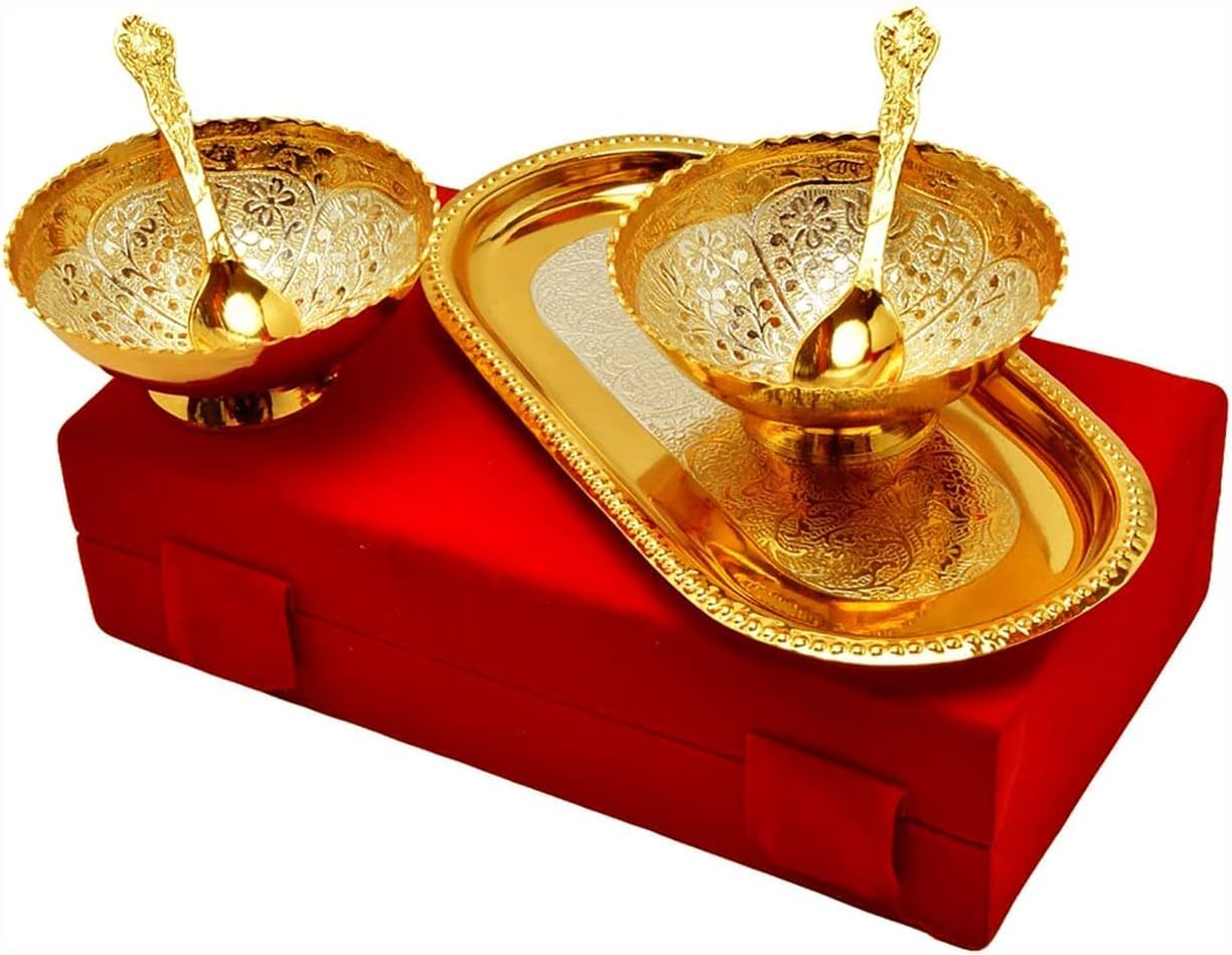 Premium Gold & Silver Plated Bowl Spoon Tray Set - Elegant 6-Piece Gift Set for Diwali, Housewarming, Wedding & Special Occasions - Perfect for Festive Dining, Home Decor & Thoughtful Gifting