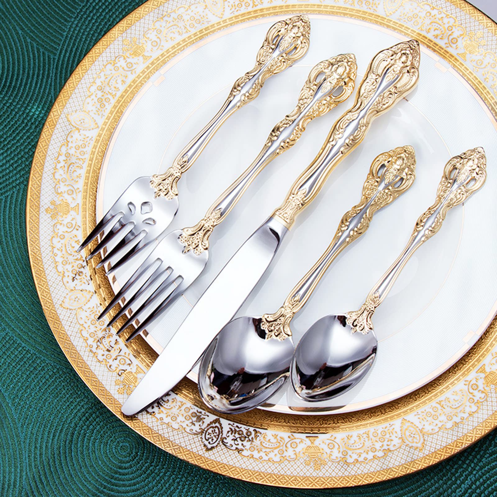 20-Piece 24K Gold Plated Cutlery Set for 4 - Premium 18/10 Stainless Steel Flatware with Vintage Design - Mirror Polished & Dishwasher Safe - Elegant Dining for Dinner Parties, Weddings & Special Occasions