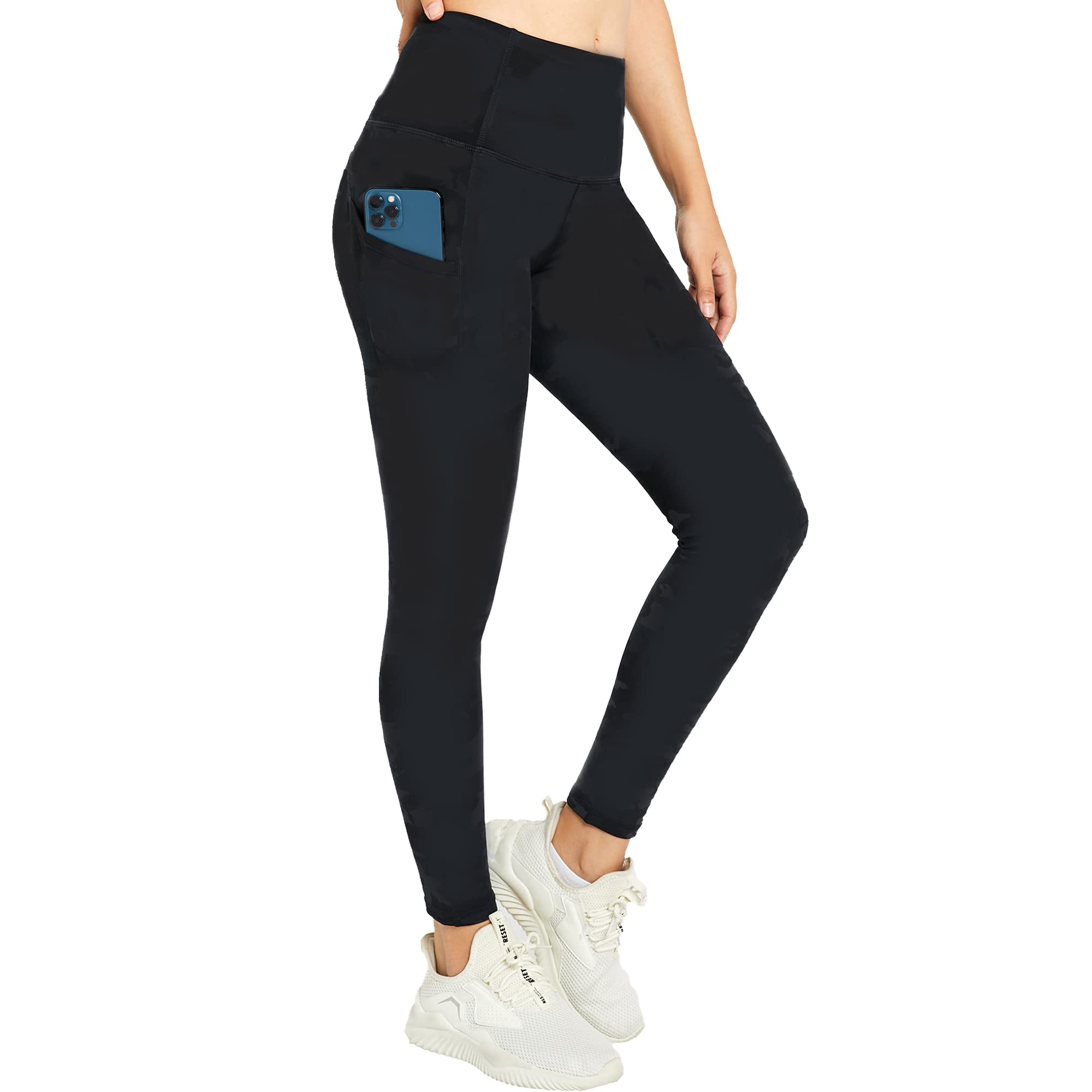 Giom Women's High Waist Yoga Pants with Pockets - Winter Fleece Lined 4-Way Stretch Tummy Control Workout Leggings for Yoga, Running, Gym & Lounge Wear