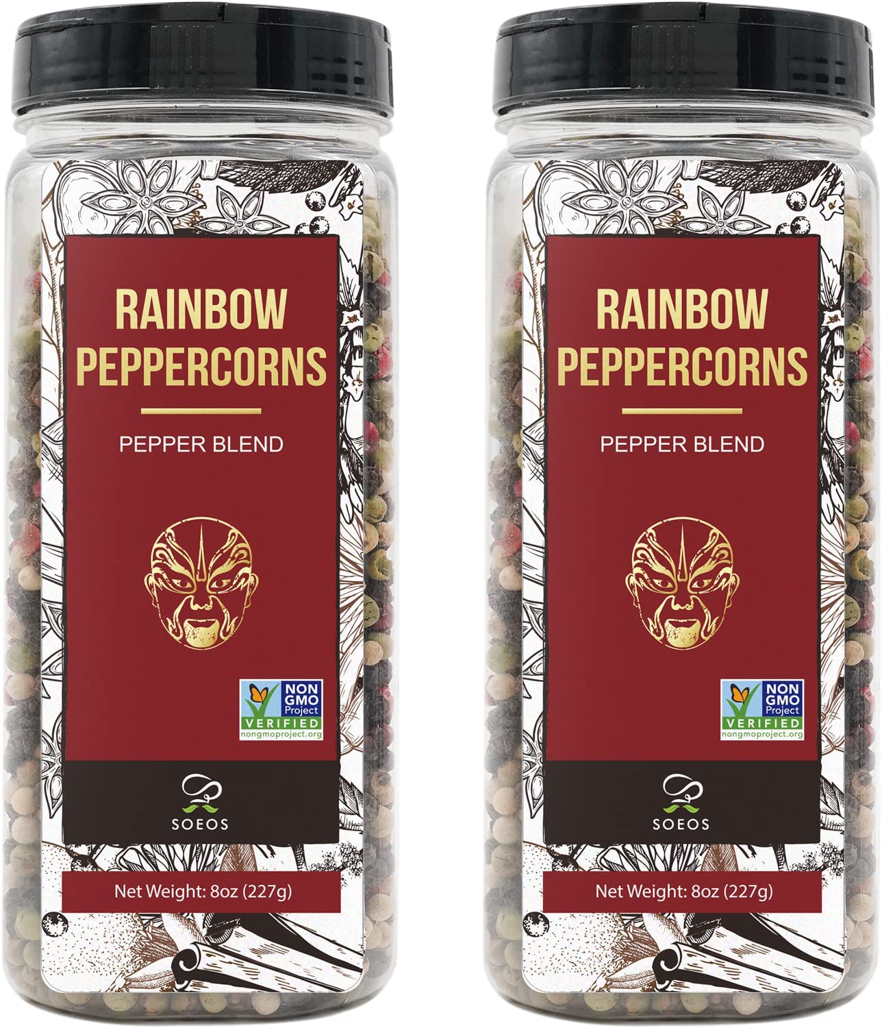 Soeos Rainbow Peppercorns 16oz (Pack of 2) | Non-GMO, Kosher Certified | Whole Peppercorns for Grinder Refill | Freshly Packed for Long-Lasting Flavor | Perfect for Cooking, Seasoning & Gourmet Dishes