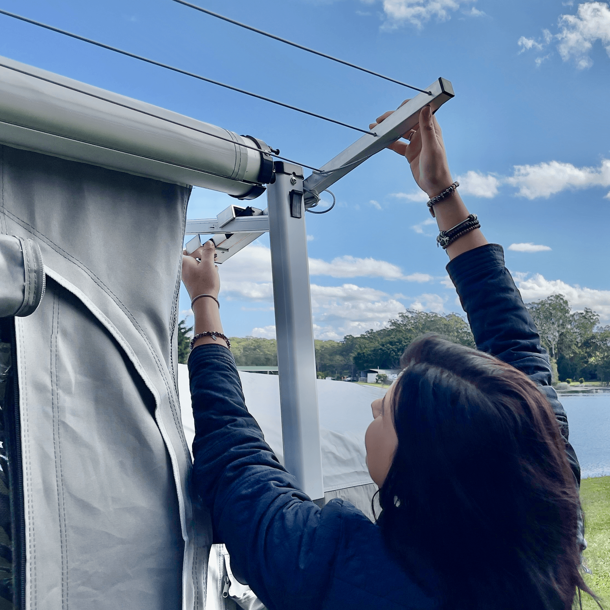 CareFree Retractable Awning Clothesline - Outdoor Drying Rack for Laundry, Towels & Swimwear - Perfect for Patio, Backyard, RV & Camping Use