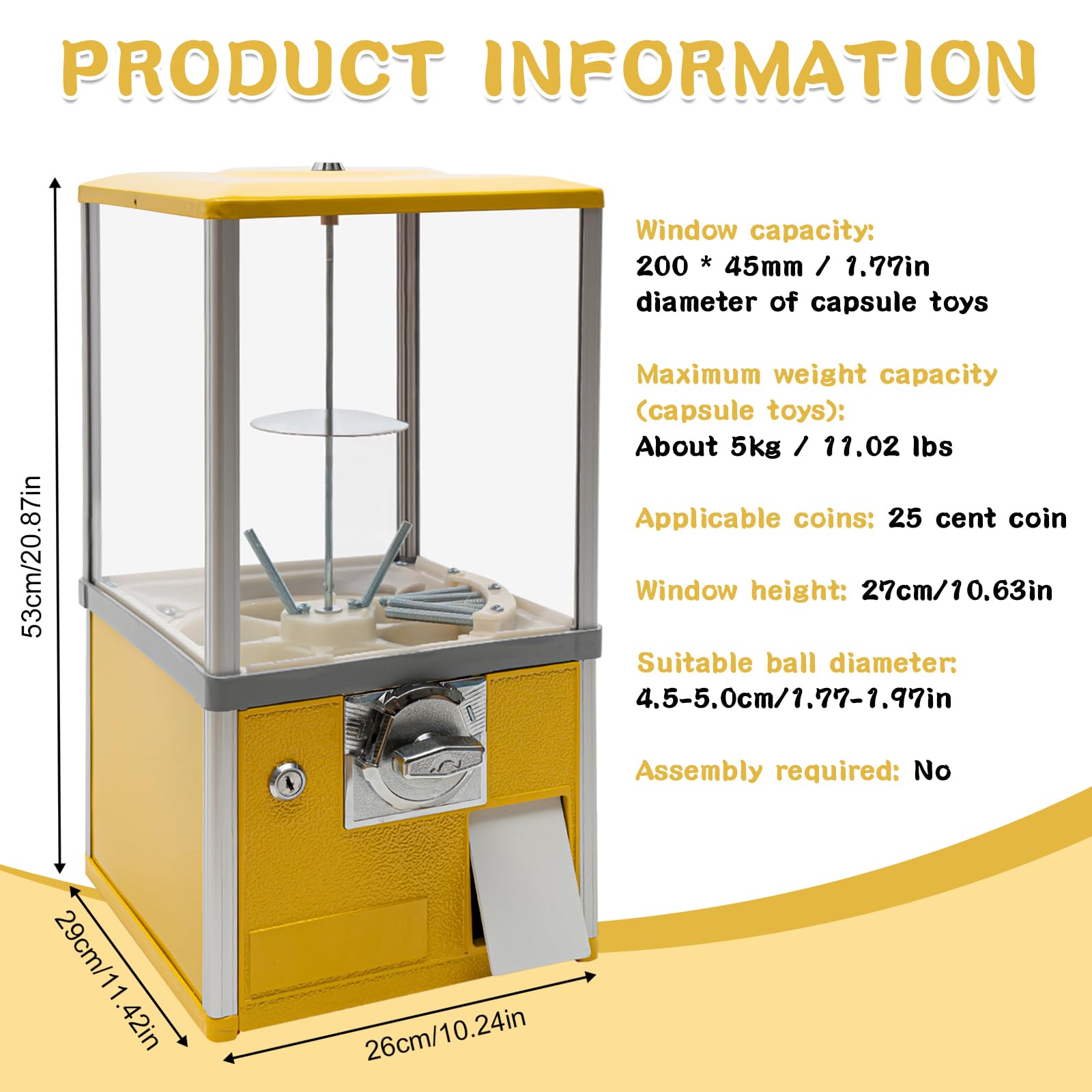 25 Cent Coin Operated Vending Machine - Commercial Gumball & Toy Capsule Dispenser - Prize & Candy Machine for Small Treats, Nuts, Feed (Yellow) - Perfect for Arcades, Retail Stores & Party Favors