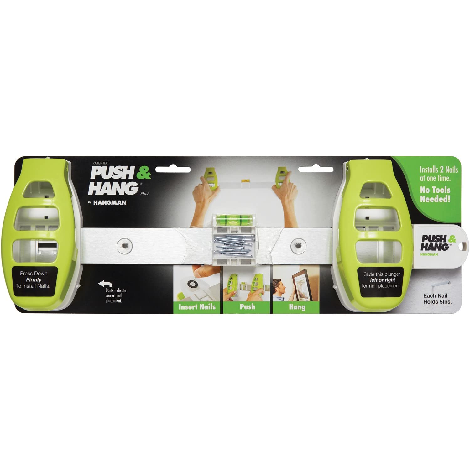 HANGMAN Push Picture Hanging Tool - No Nails, No Damage Wall Hooks for Frames, Paintings & Photos (Green) - Perfect for Home, Office & Gallery Decor