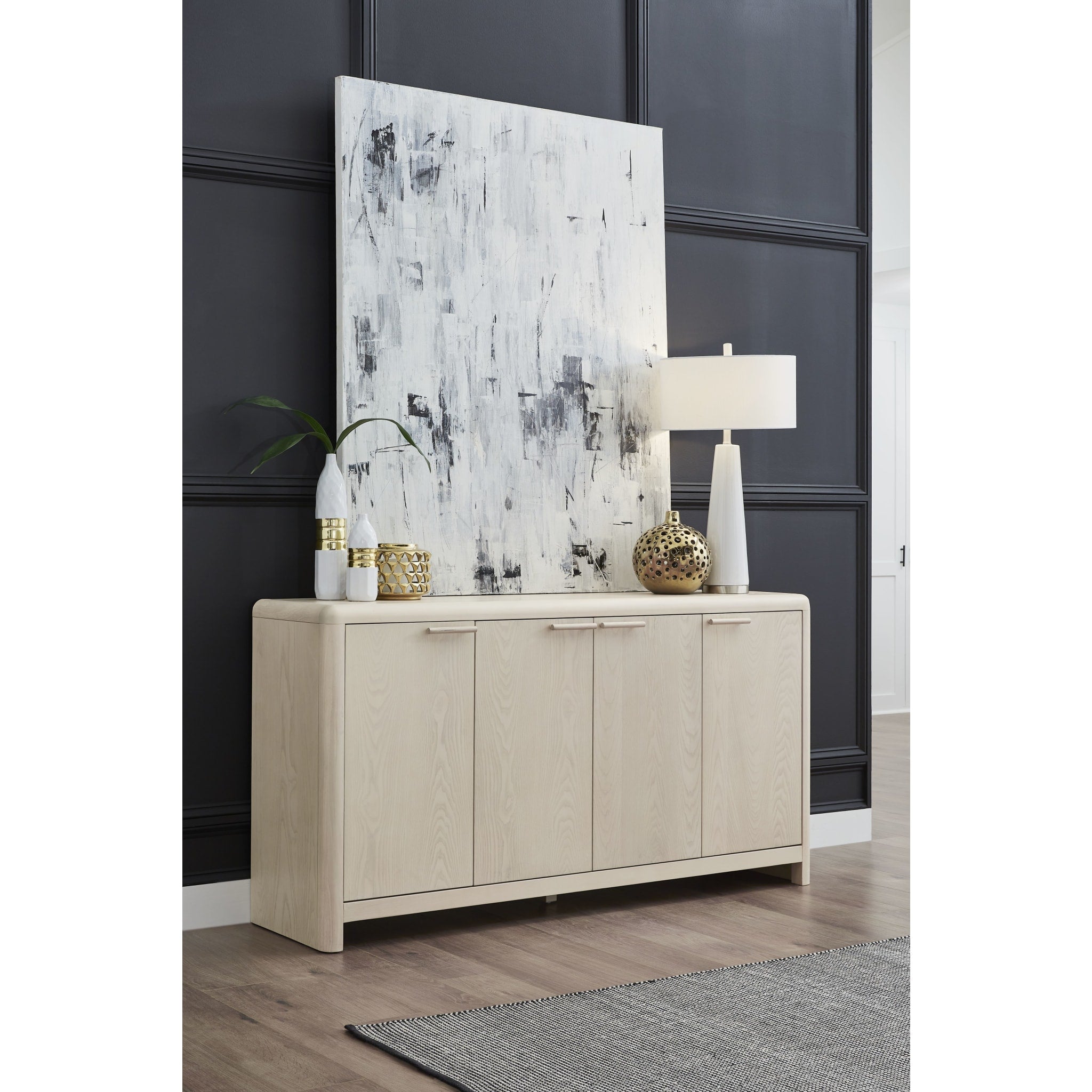 Liv Four Door Ash Wood Sideboard in White Sand - Modern Buffet Cabinet for Dining Room, Living Room & Entryway Storage