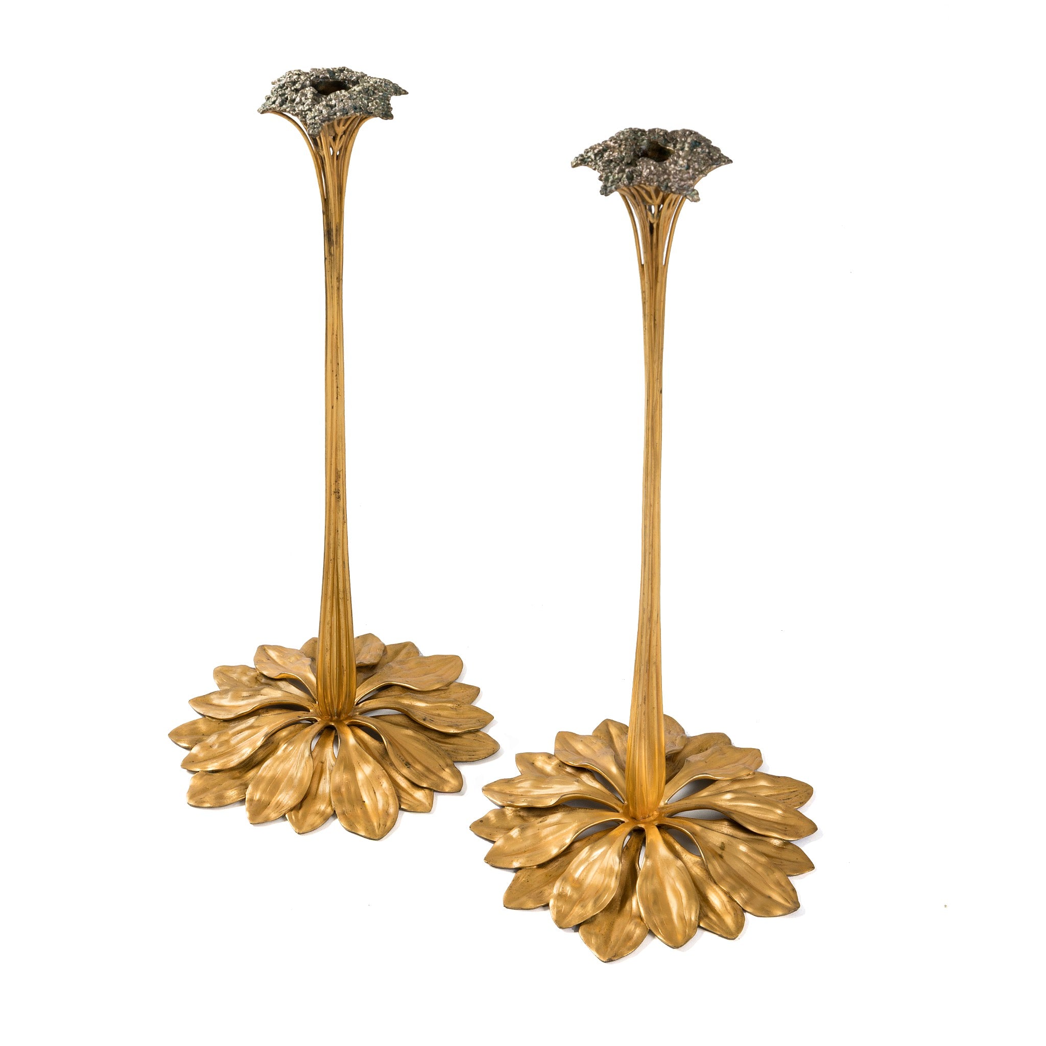 Tiffany Studios New York Saxifrage Candlesticks - Pair of Vintage Bronze Candle Holders for Home Decor, Wedding Centerpieces & Antique Collectibles