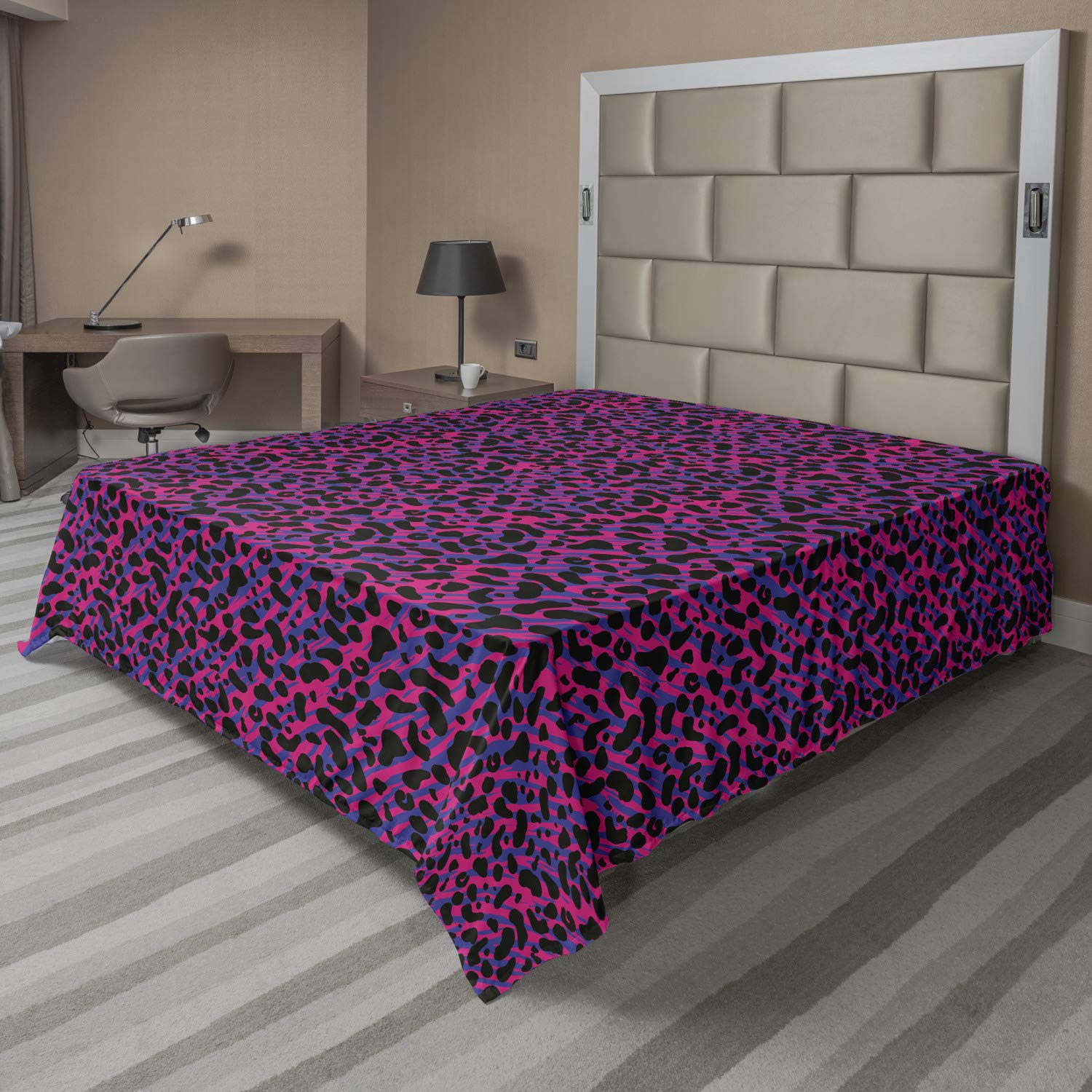 Ambesonne Vintage 80s Style Jungle Leopard Print Flat Sheet - Soft, Comfortable California King Size Top Sheet in Royal Blue & Hot Pink - Perfect for Safari, Boho, or Retro Themed Bedrooms