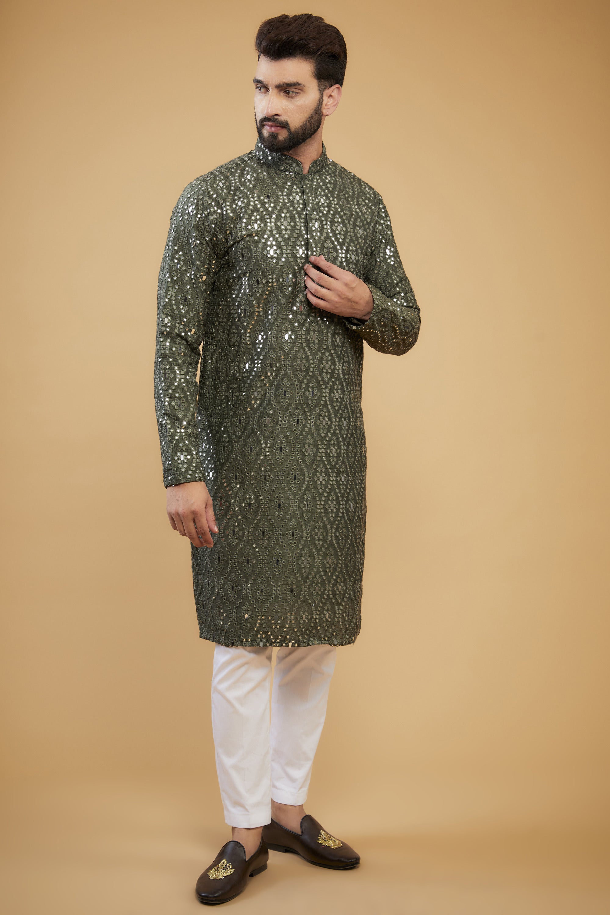 Military Green Mirror Work Kurta for Women - Embroidered Ethnic Tunic Top - Perfect for Festivals, Weddings & Casual Wear