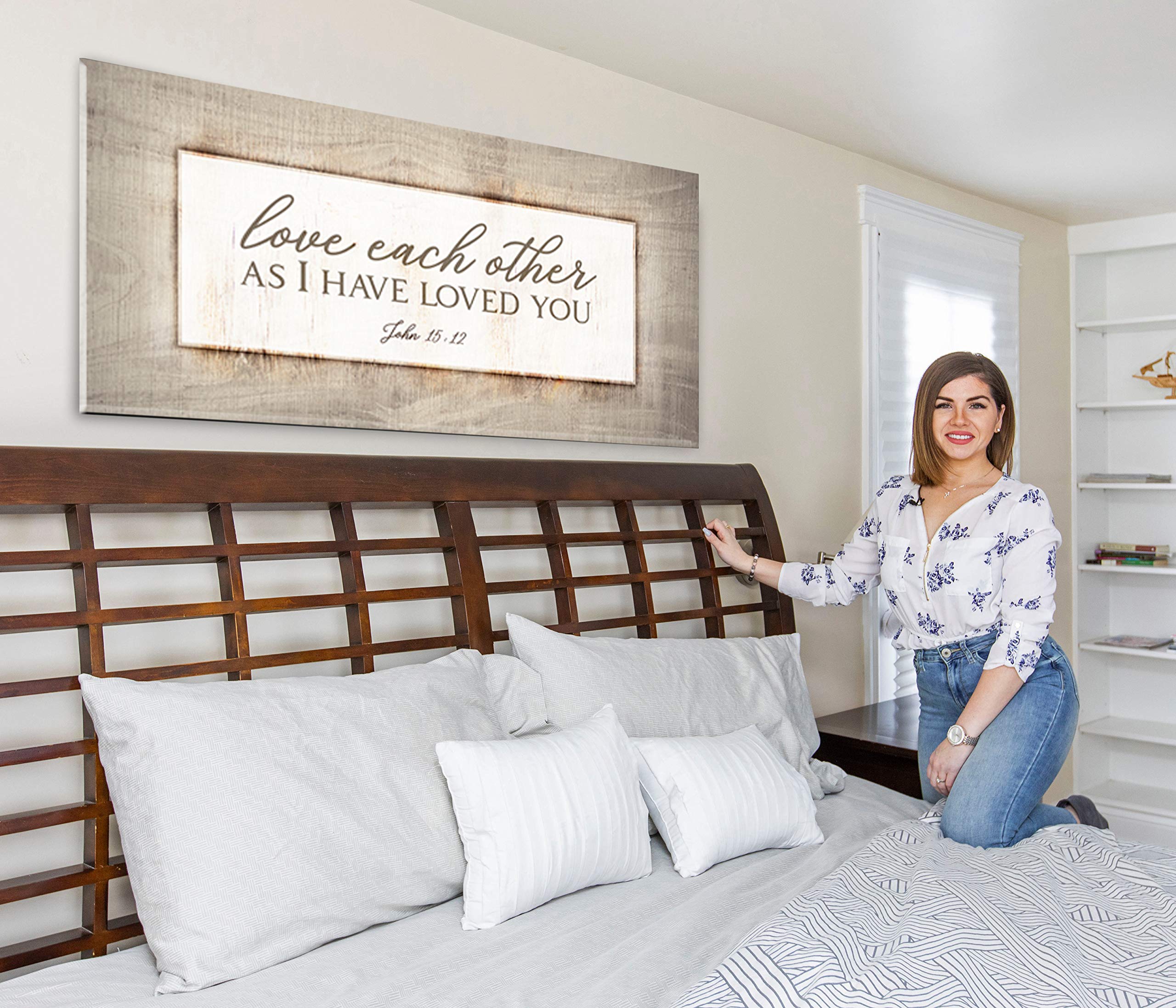 Love Each Other Framed Wall Art - Romantic Couples Bedroom Decor, Large 42x19 Inch Cream Canvas Painting for Over the Bed, Master Bedroom & Home Décor | Perfect Wedding Gift & Anniversary Present