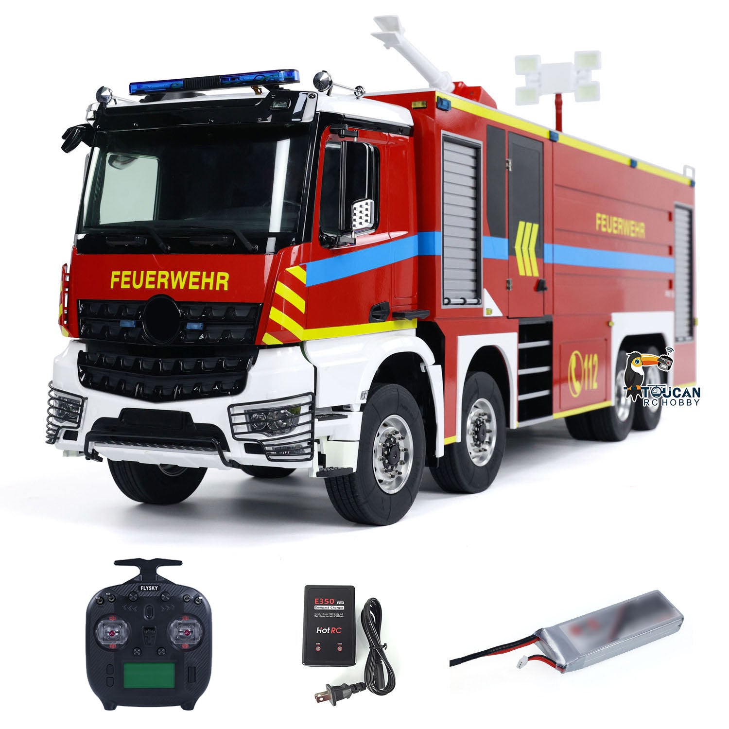 1/14 Scale 8x4 Metal RC Fire Truck Chassis - Radio Controlled Fire Engine with Light & Sound, FlySky ST8 Motor, Servo, Pre-Assembled & Painted - Perfect for Firefighting Simulation, RC Hobbyists, and Collectors
