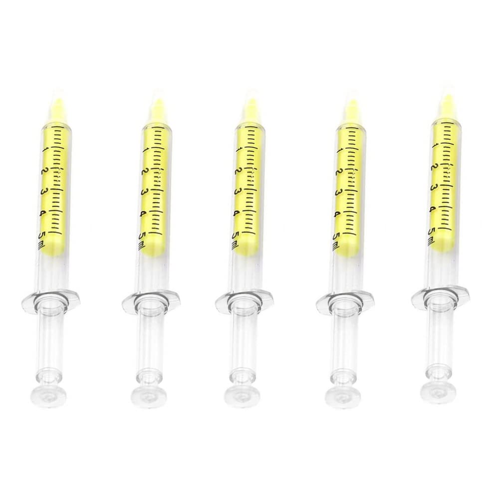 5 Pack Fluorescent Highlighter Syringe Pens - Watercolor Marker Set for Painting, Nursing, Medical Students & Office Use - Bright Yellow Ink for Notes, Art & Study (Ideal for Home, School & Hospital)