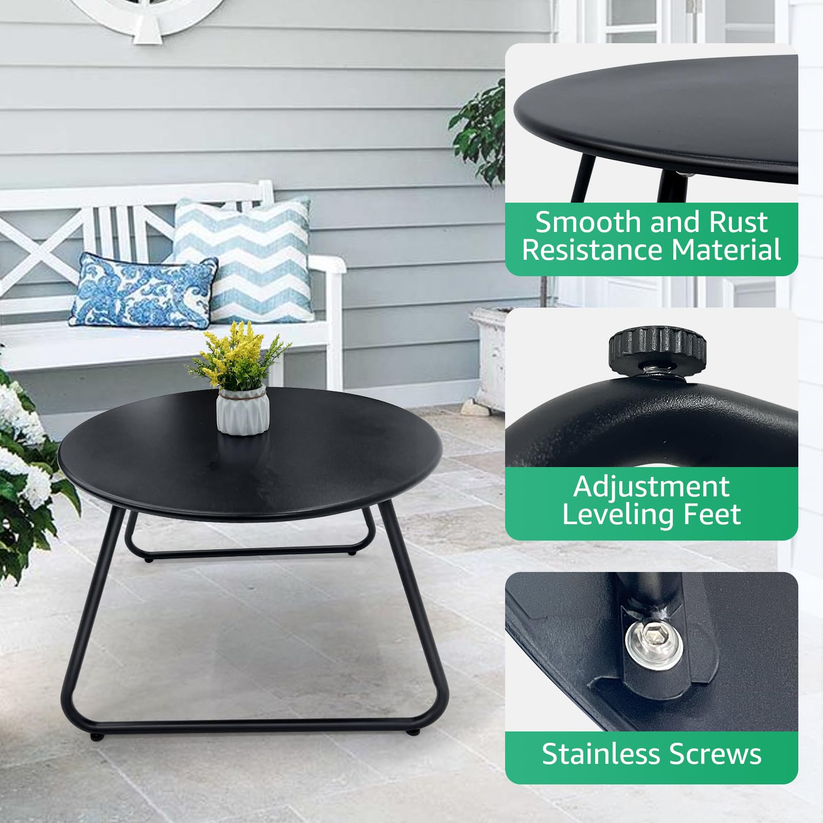 Weather-Resistant Black Metal Steel Round Outdoor Coffee Table - Perfect for Patio, Garden, Poolside & Backyard Relaxation