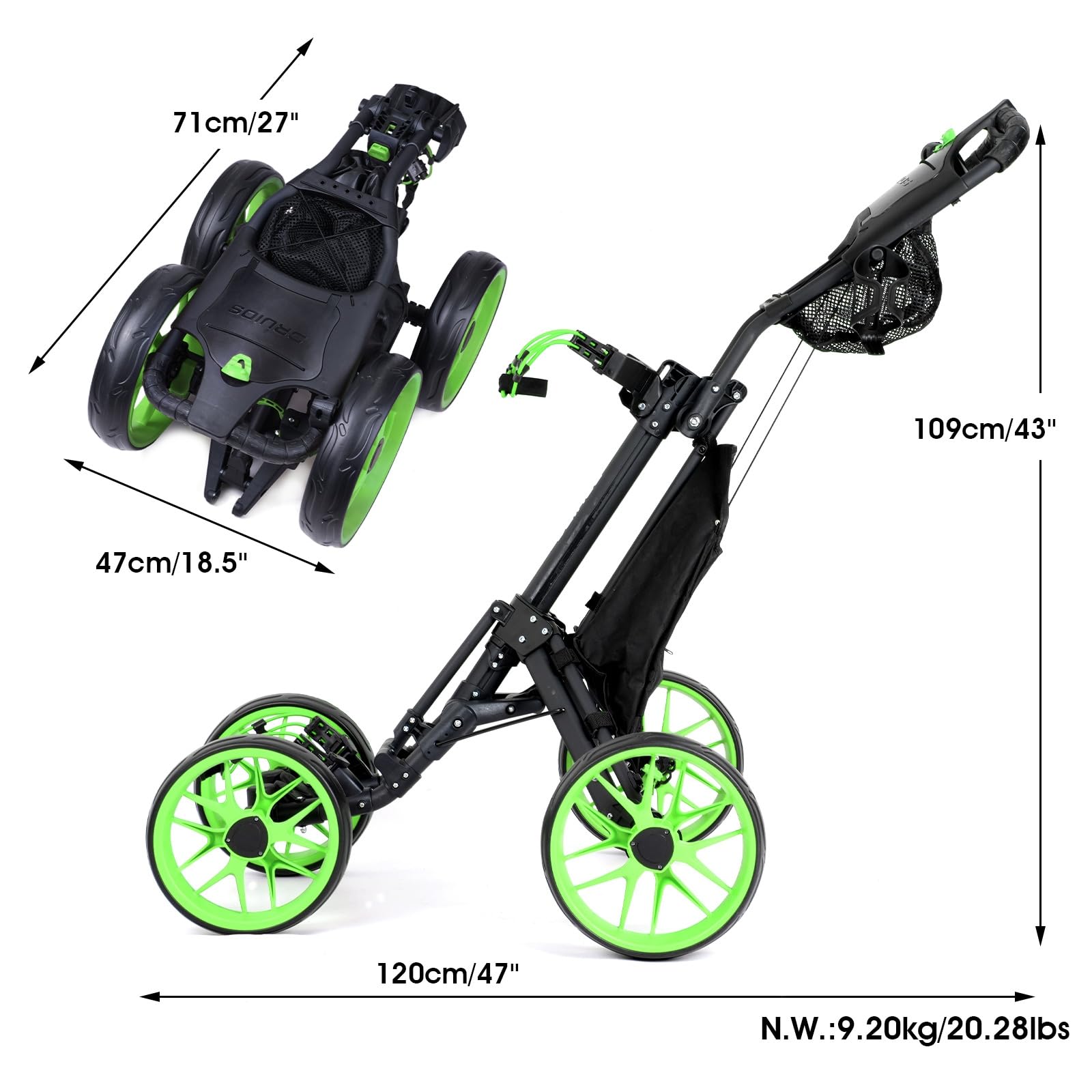 DRUIDS 4 Wheel Golf Push Cart - Lightweight Foldable Golf Trolley with Brake, Cup Holder, Umbrella Holder & Cooler Bag - Perfect for Golfers on the Course or Driving Range